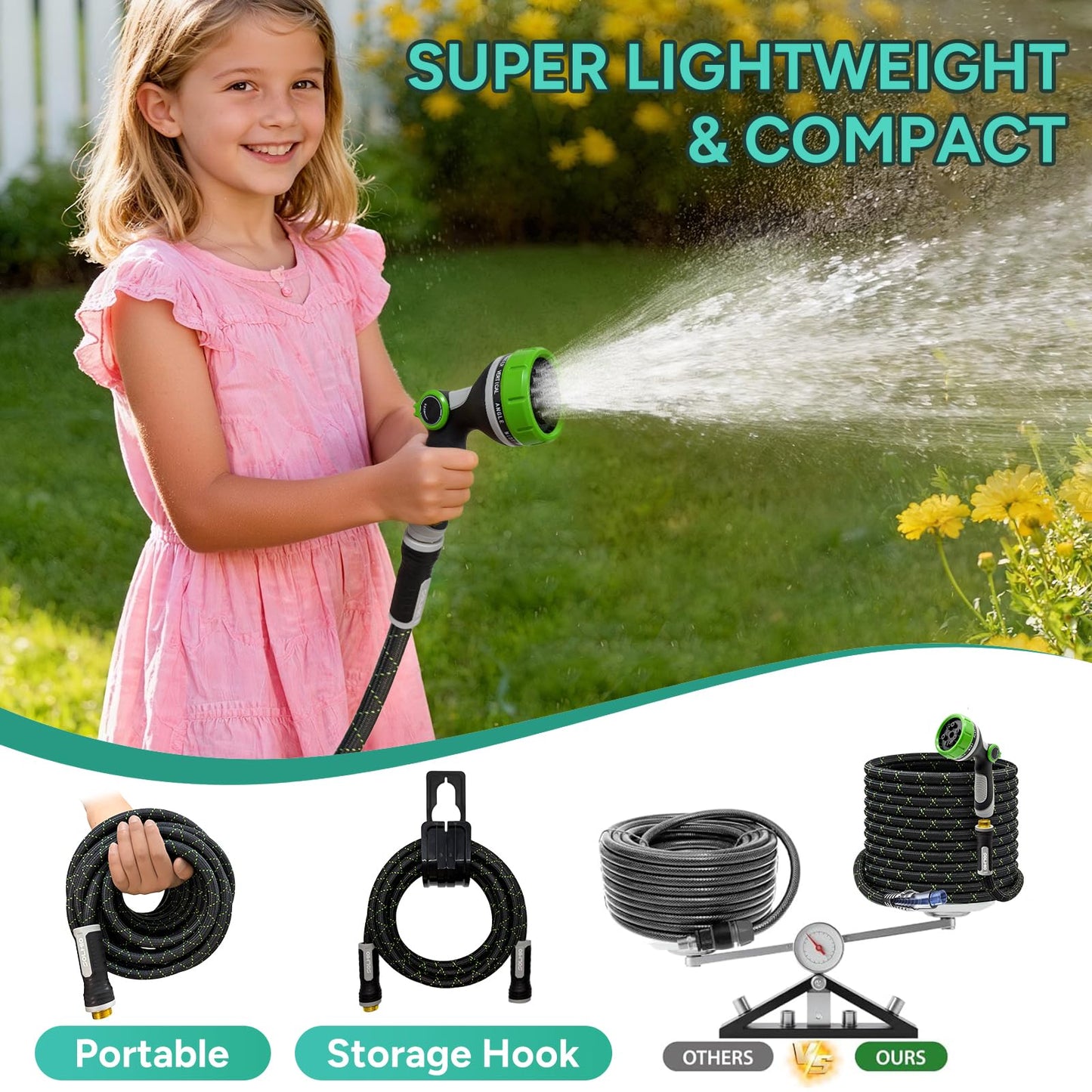 SOLMIO Garden Hose 50FT, Flexible Lightweight Non-Expandable Water Hose with 10 Function Nozzle,No-Kink, Leak-Proof, Burst-Resistant, High-Pressure for Yard, Outdoor