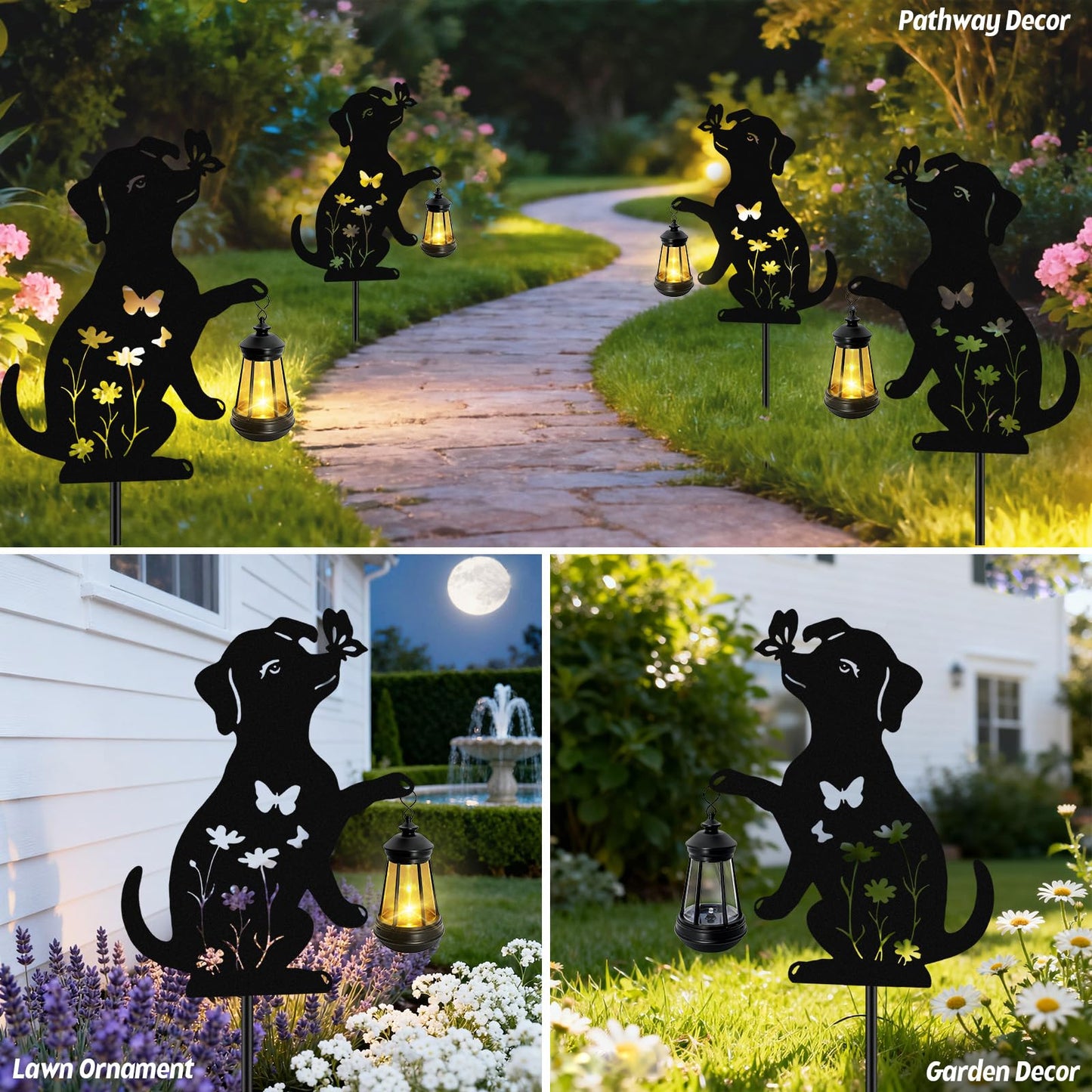 Dog Outdoor Solar Lantern Waterproof, Birthday Gifts for Christmas Women Mom, Solar Hanging Lights with Butterfly Metal Figurine, Garden Decor Outside Patio Yard Pathway Backyard Ornaments, 2 Pack