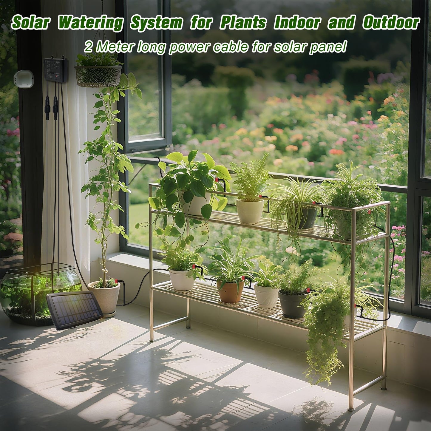 Solar Automatic Drip Irrigation Kit System, 12 Timer Settings Garden Irrigation System, Self Watering Devices for Plants, Raised Beds, Greenhouse, Travel, IP44 Waterproof (15 Pots)