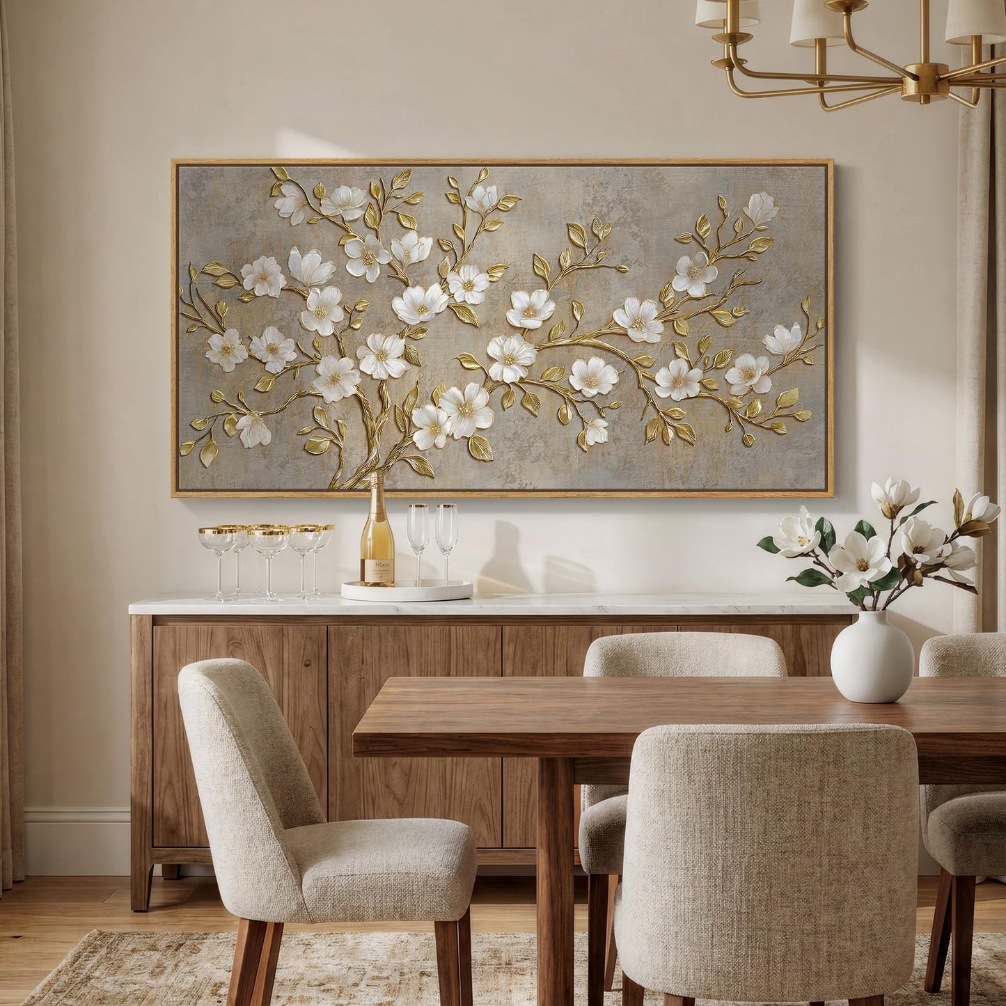 Large Framed Neutral Botanical Wall Art for Living Room, Rustic Elegant Magnolia Floral Canvas Prints Paintings, White Flower with Gold Branches Pictures for Dining Room Office Wall Decor, 60x30 Inch