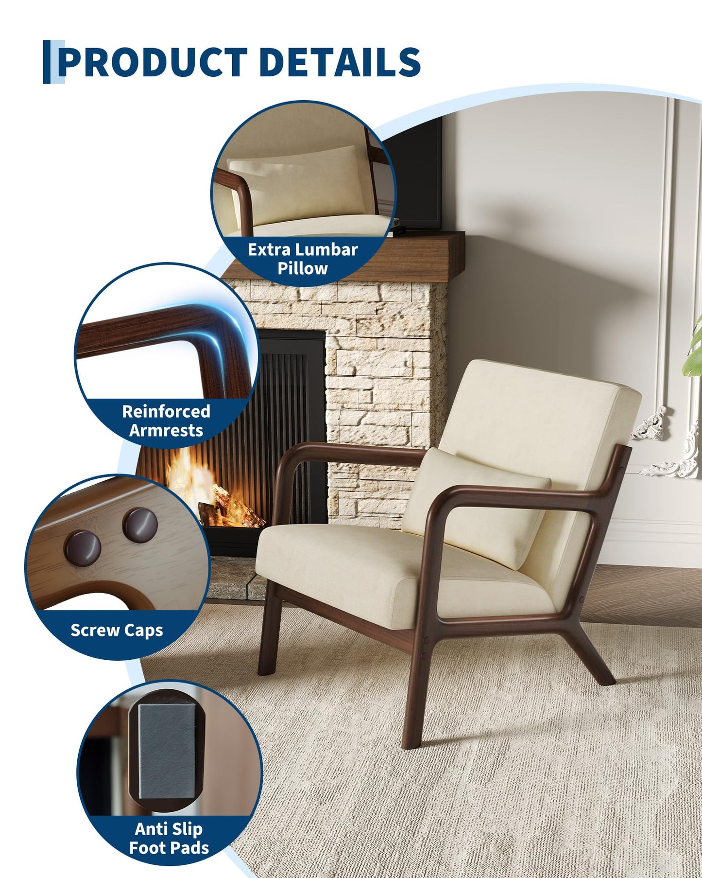 Garvee Mid-Century Chenille Accent Chair, Cozy Reading Chair, Modern Lounge Armchair with Lumbar Pillow, Solid Wood Frame, for Living Room, Bedroom, Office, Beige