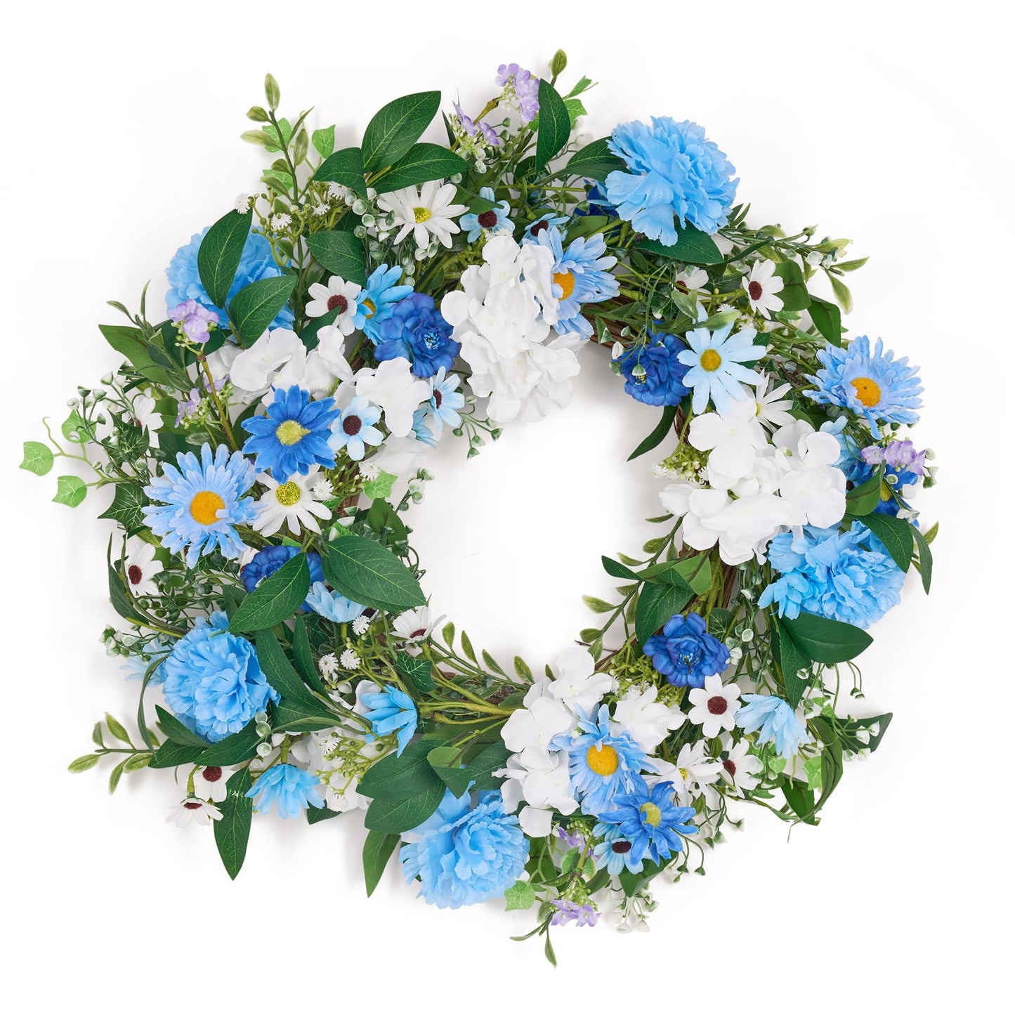GENMOUS 24 Inch Summer Spring Blue Daisy Wreath for Front Door, Rustic and Farmhouse Flower Wreath with Myosotis sylvatica, Indoor&Outdoor Wedding Wall Home Decor