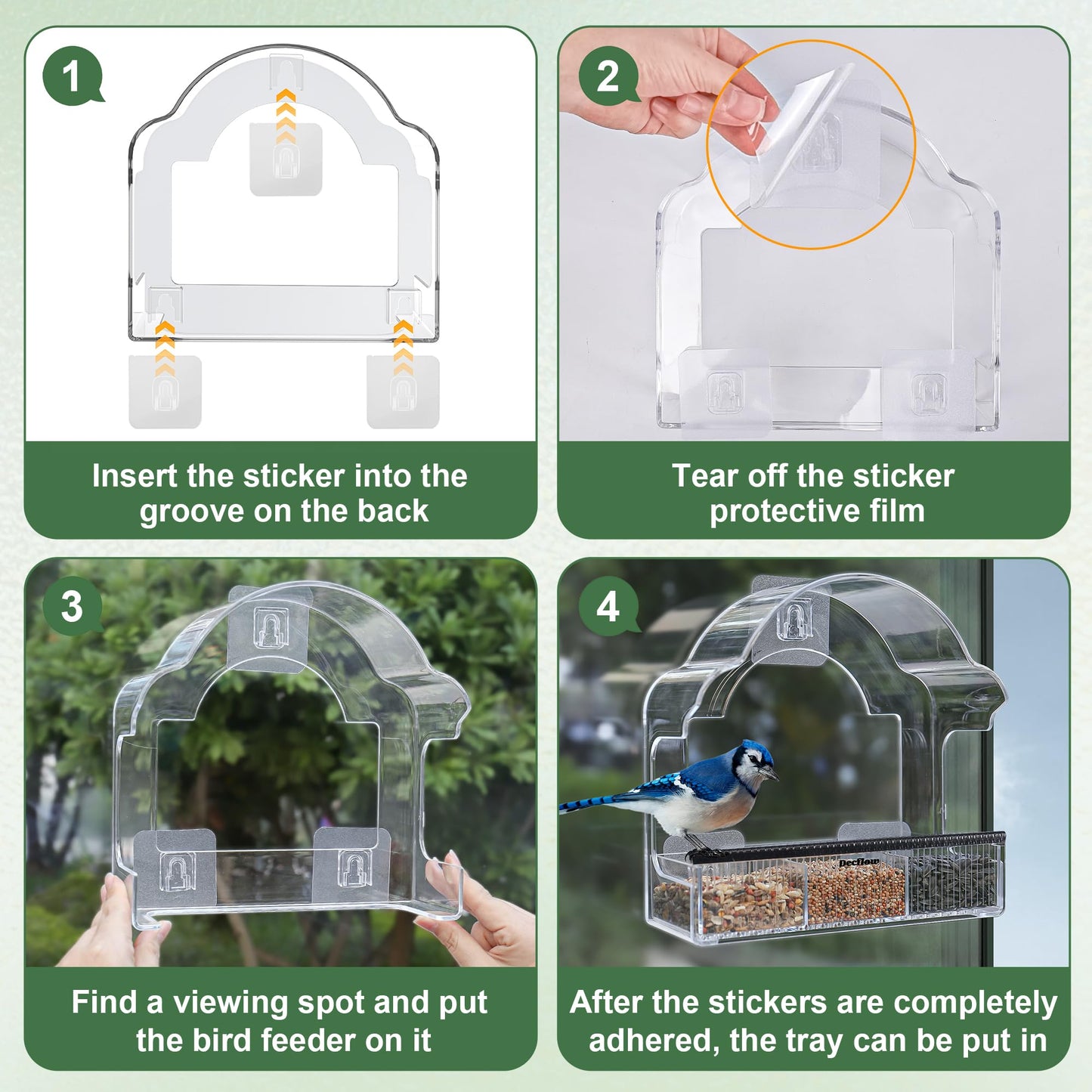 Decflow Window Bird Feeders for Outside, Clear Bird Window Feeder with 3 Pairs of Strong Stickers, Transparent Acrylic Birds House for Window Viewing, Removable Tray, Wild Birds Watching Present