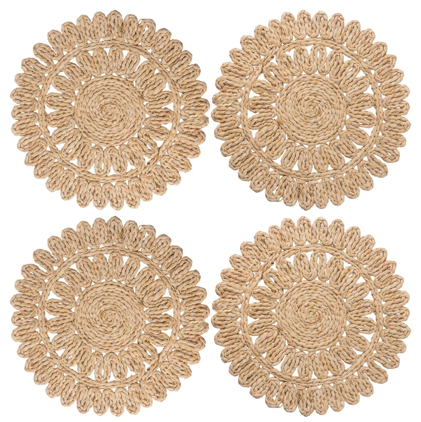 DELAQIKO 13.8" Round Corn Husk Placemats | Boho Woven Rattan Table Mats | Natural Spring Farmhouse Plate Chargers | Handmade Rustic Wicker Place Mats for Christmas Wedding (Set of 4)