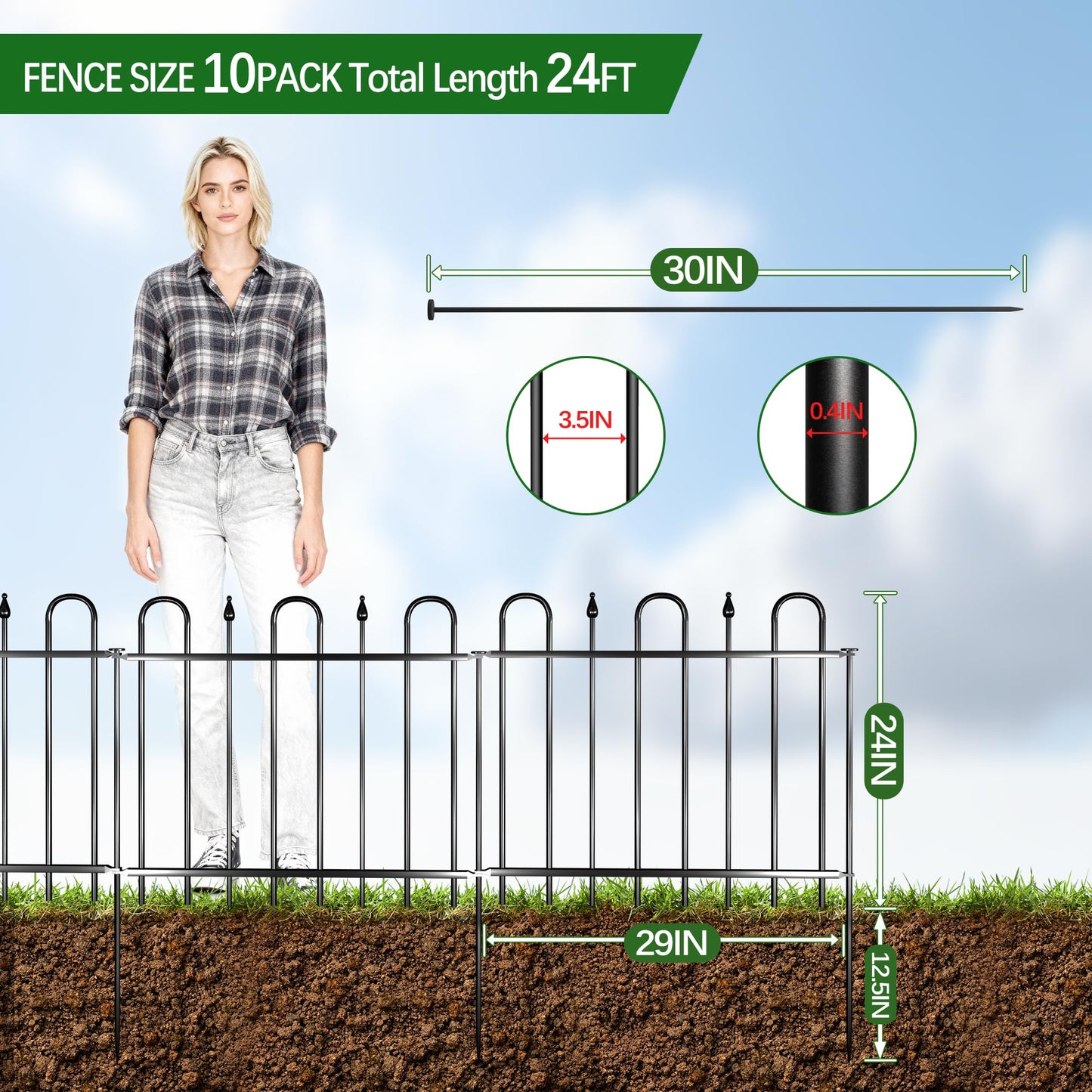 24.3ft(L) x 24in(H) 10 Panels Metal Rustproof Decorative Garden Fence, No Dig Animal Barrier Fence, Outdoor Border Fence Panels with Ground Stake, for Pets, Flower Bed, Yard, Patio