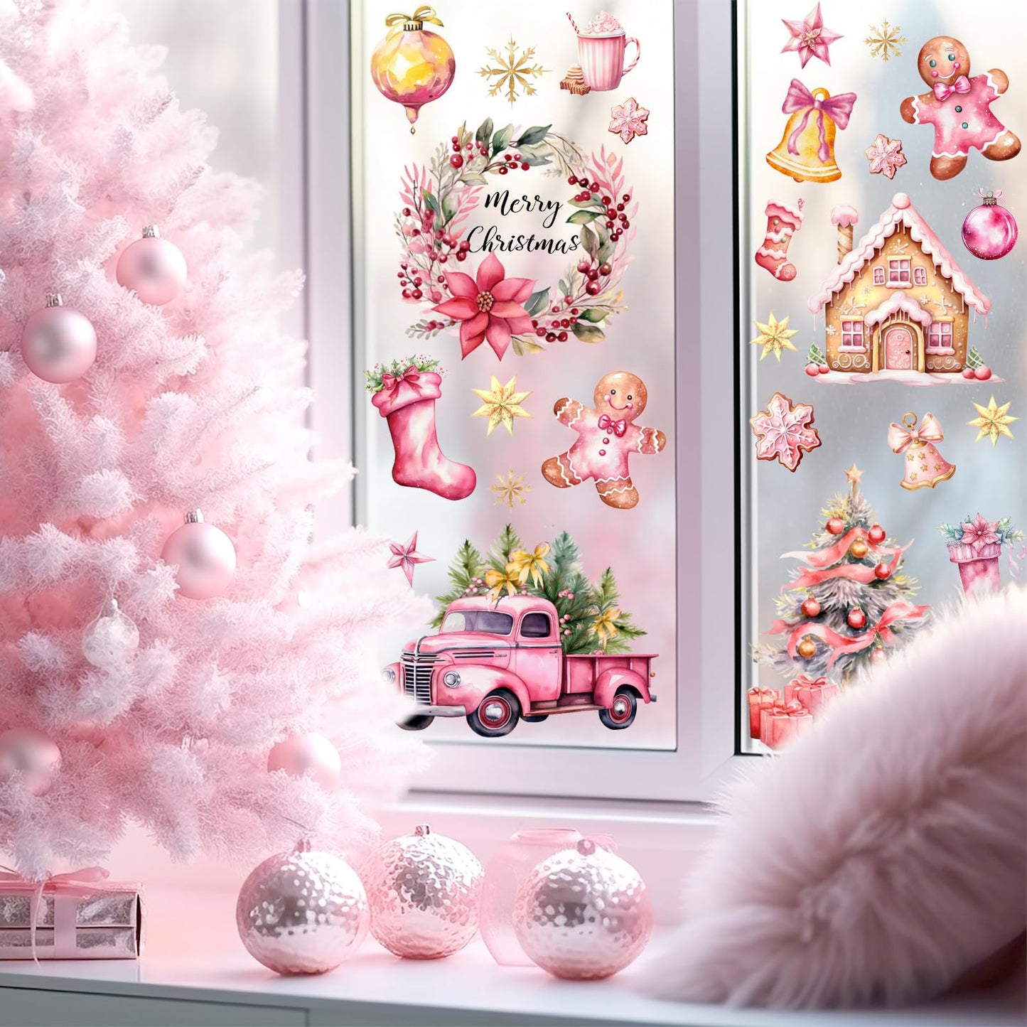 JarThenaAMCS Christmas Wall Stickers Xmas Tree Snowman Santa Wall Decals Large Pink Gold Room Mural Stickers for Winter Home Party Decor, 7.9 x 11.8 Inch, 9 Sheets