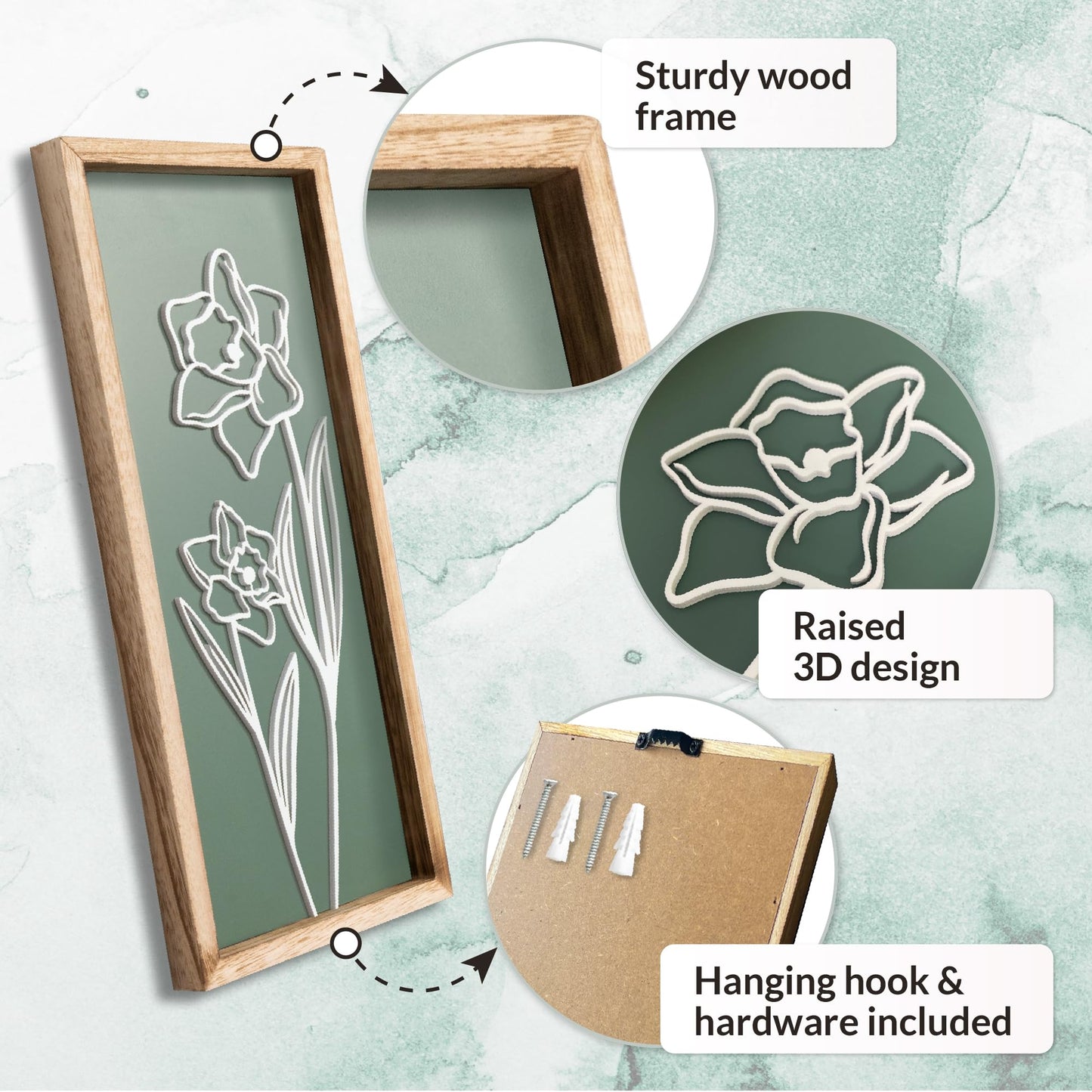 3D Floral Green Wall Art (Set of 2) Lightweight, Wooden Ready-to-Hang Boho Framed Wall Art for Bathroom, Bedroom, Living Room or Office – Premium Sage Green Farmhouse Decor – Gift-Boxed