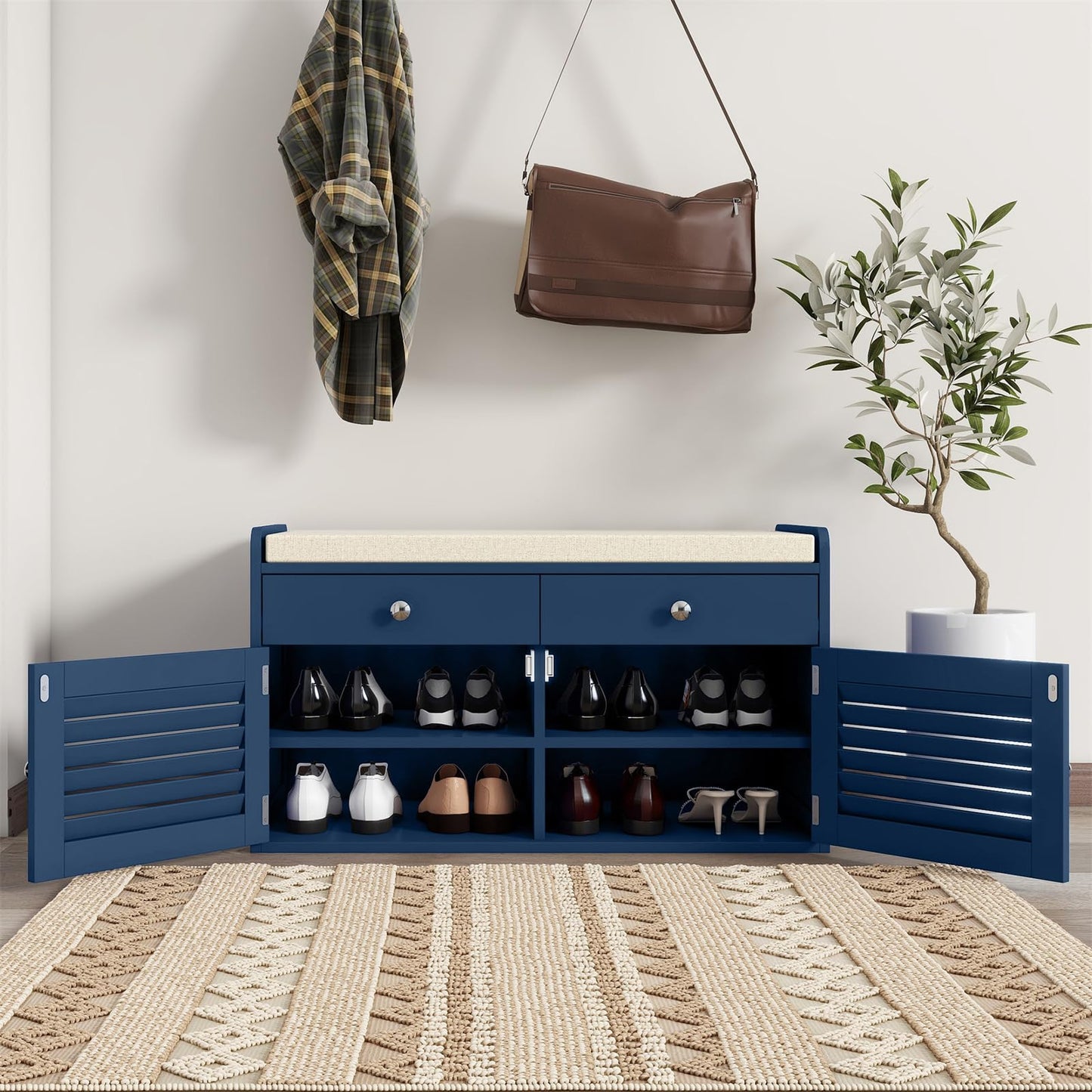 WARMHONIU Shoe Storage Bench with 2 Drawers, Entryway Bench with Cushion, Adjustable Shelves, Shoe Rack Bench with Louvered Doors for Entryway, Bedroom, Hallway, Blue