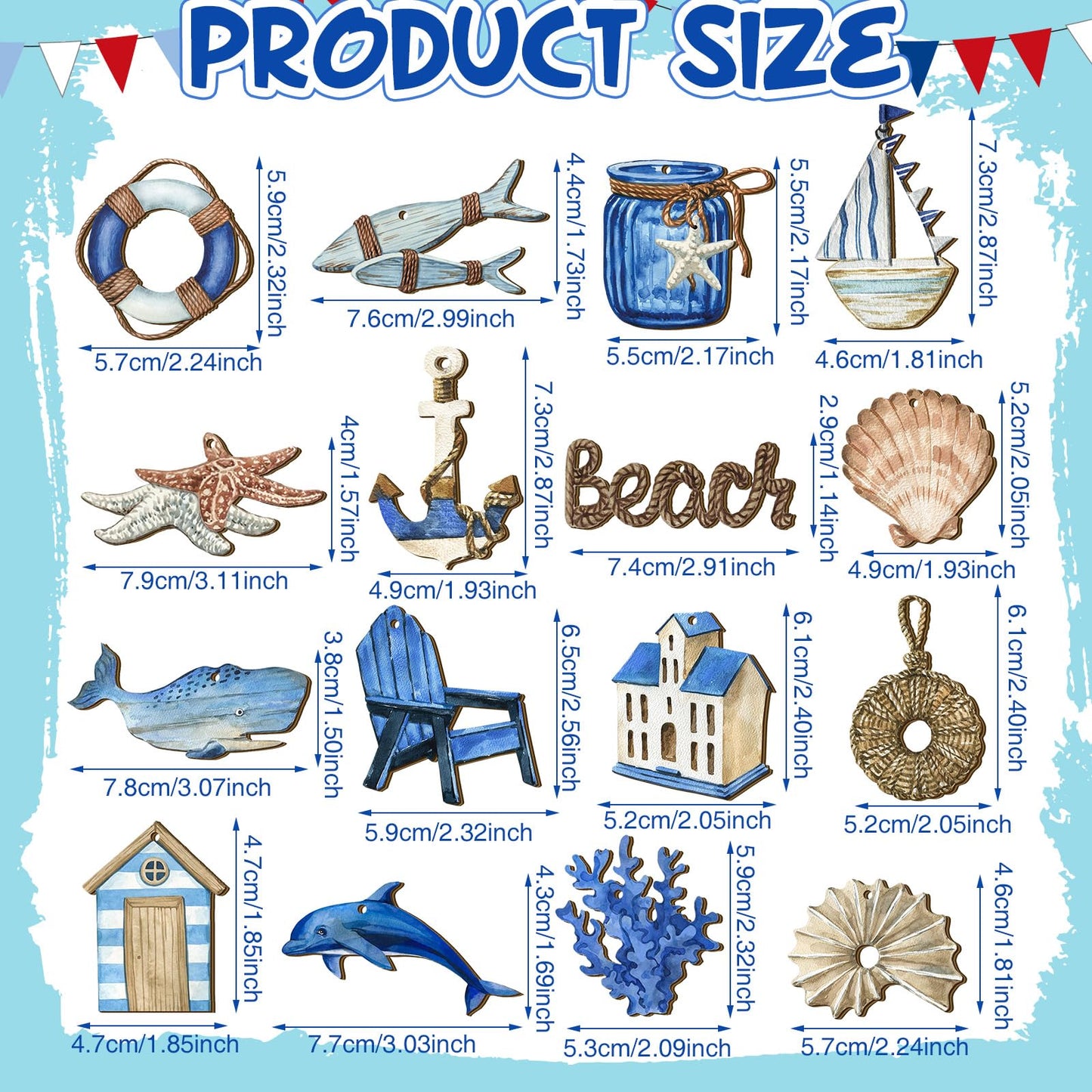 Maitys 36 Pcs Beach Wooden Ornaments Ocean Summer Tree Decorations Coastal Nautical Seaside Wood Cutouts Navigation Hanging Ornaments Xmas Decorations for Home Tree Wall Wreath Crafts(Ocean)