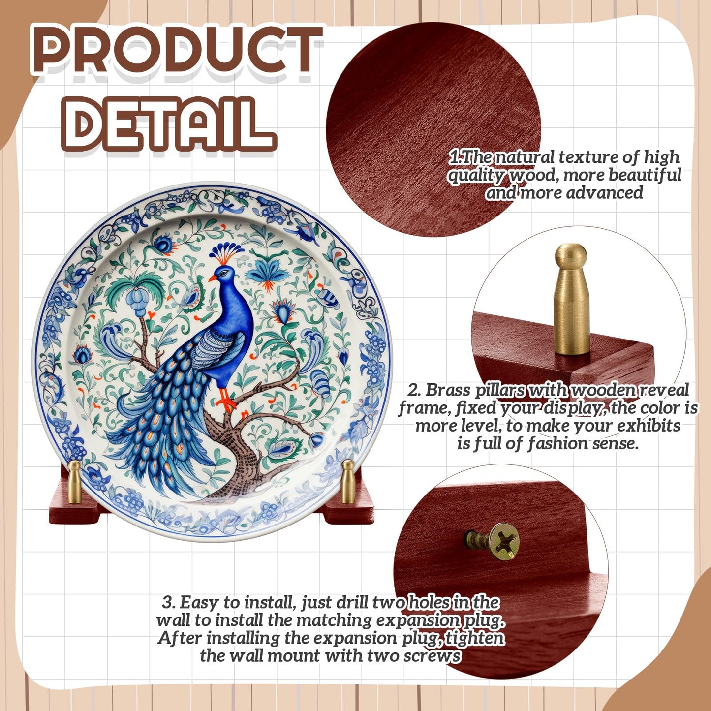 Chunful 1 Piece Wall Plate Hanger for 6-16 Inch Plates, Includes 1 Acacia Wood, 2 Brass Columns & 2 Screws, Decorative Wall Mount Display Holder for Plates, Frames, Certificates, Artwork