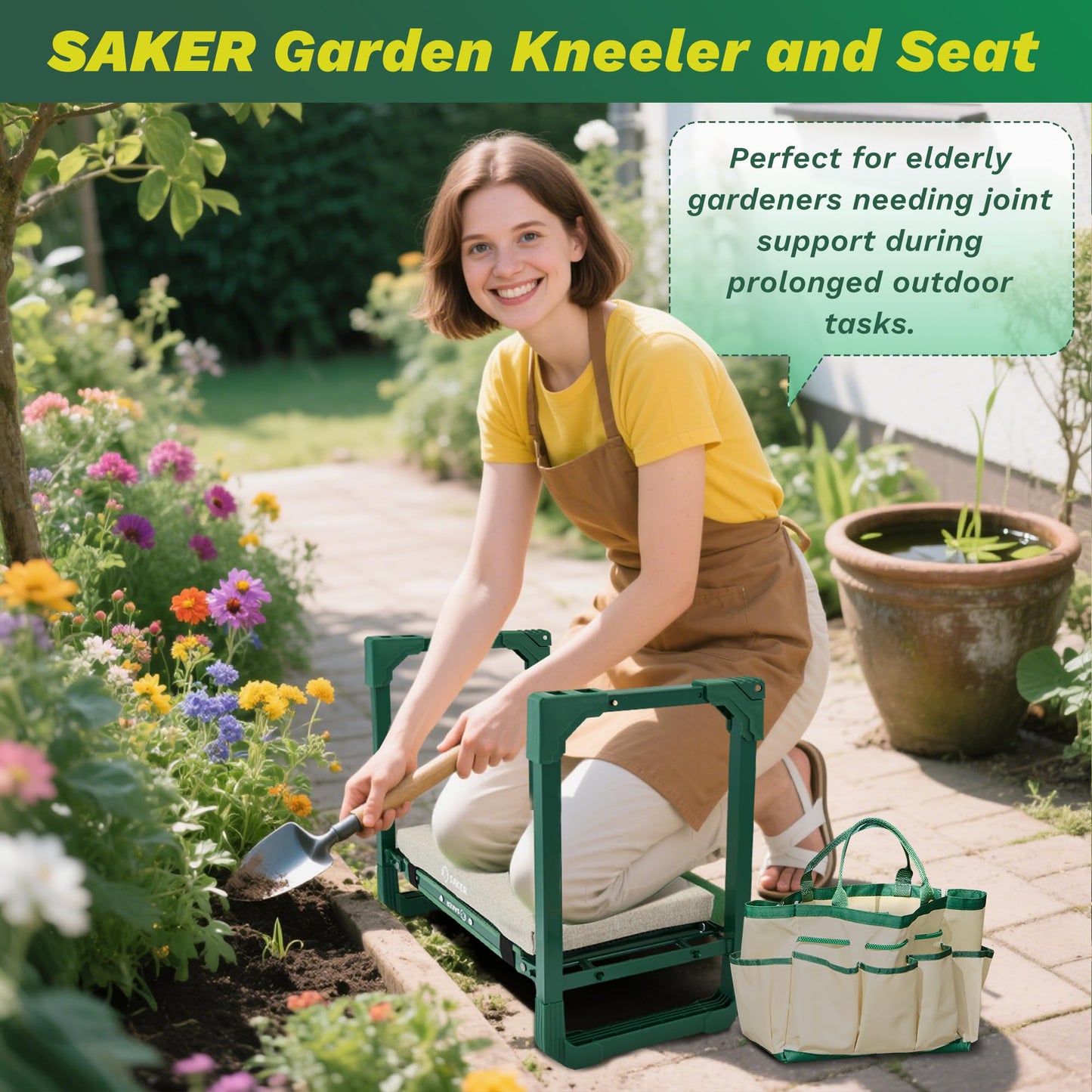 Saker Garden Kneeler and Seat Foldable Gardening Stool with Extendable Legs & Thickened Pad, Tool/Storage Bag, Heavy Duty 500lbs Support for Elderly, Gardening, Outdoor Use