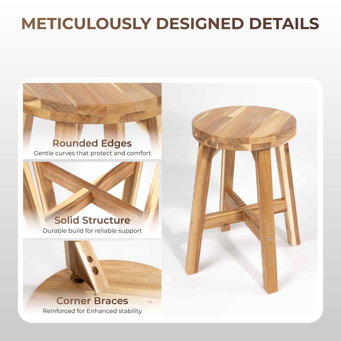ARROWSTONE Round Stool Acacia Wood, 18" Height, 11'' Round Top, Backless, Easy Assembly, Natural Wax Finish, Wooden Stool for Plant, Dining Room, Kitchen Counter, Makeup