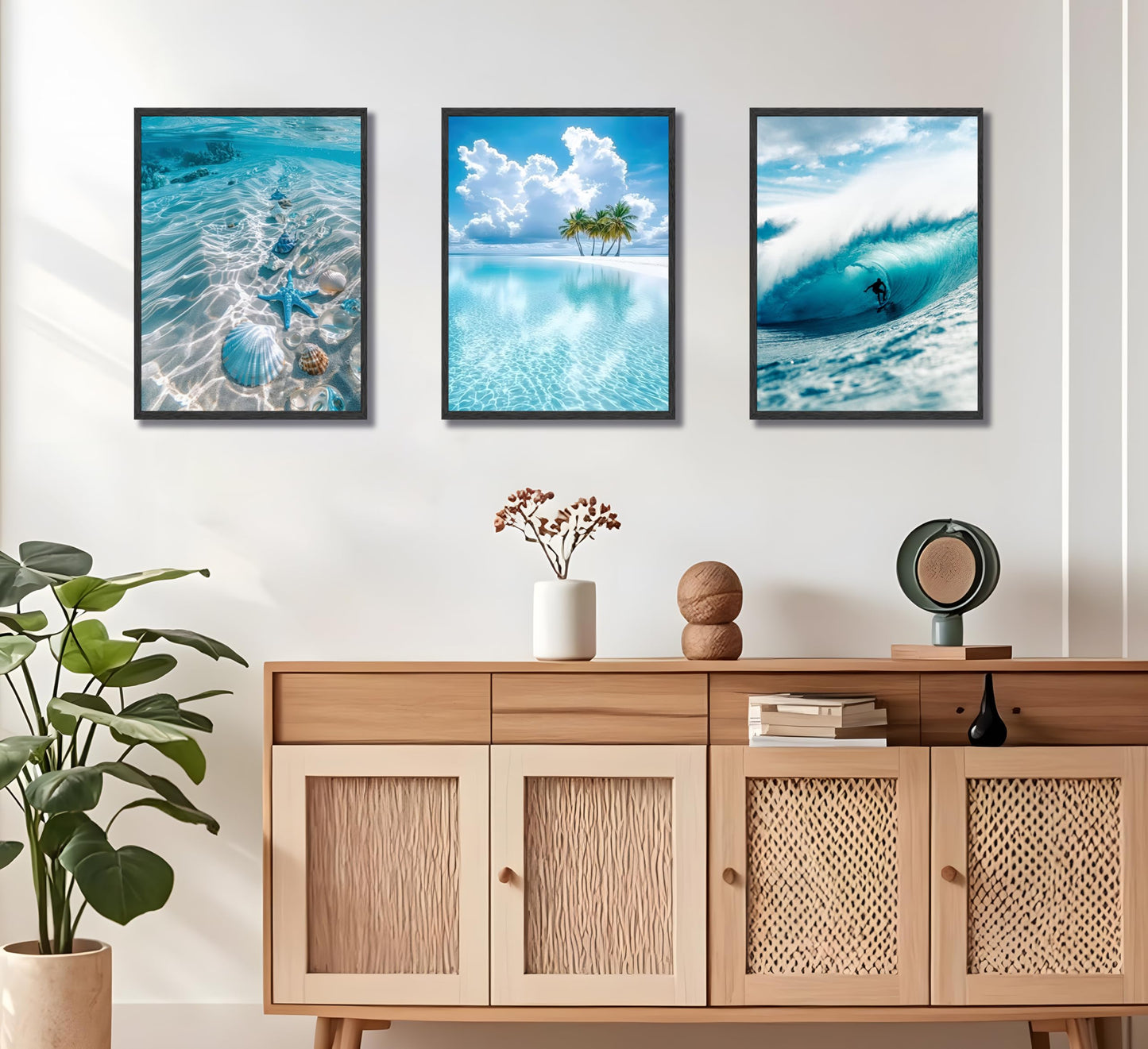 3pcs Blue Ocean Wall Art Featuring Starfish Seashells Waves and Palm Trees Summer Beach-Themed Canvas Paintings Prints Modern Coastal Style Posters Wall Decor suitable for Bathroom living room Decoration (Unframed)