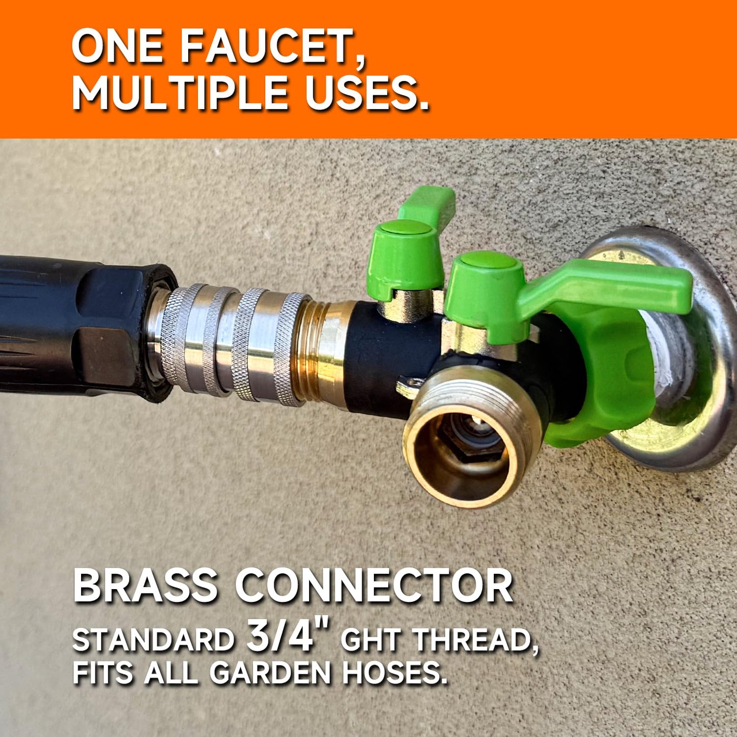 HQMPC Garden Hose Splitter, 2 Way Hose Bib Splitter, Brass y splitter 2 way Y valve Metal Body 2 Way Hose Shut Off Valve, 2.12" Extra Long Metal Handle, 3/4" GHT Thread (1, Green)