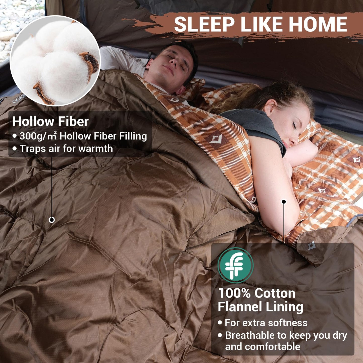 KingCamp Double Sleeping Bag for Adults, Queen Size 2 Person XXL Flannel Sleeping Bag, Waterproof Lightweight Flannel Quilt with 2 Pillows, Perfect for Couples Family Camping Hiking, Coffee