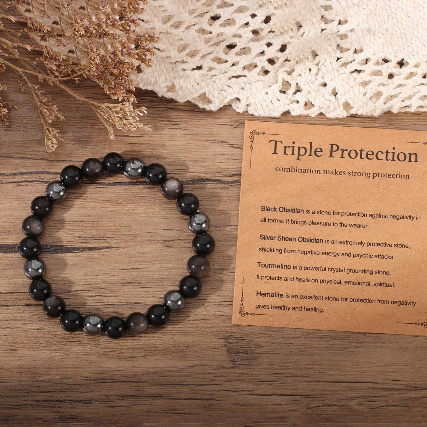 AULSIEY Hematite Black Tourmaline Obsidian Bracelet for Men, Triple Empath Protection Bracelet Gifts for Women, Protection Healing Crystal Bracelets, Evil Eye Jewelry Bracelets Mental Health-8mm