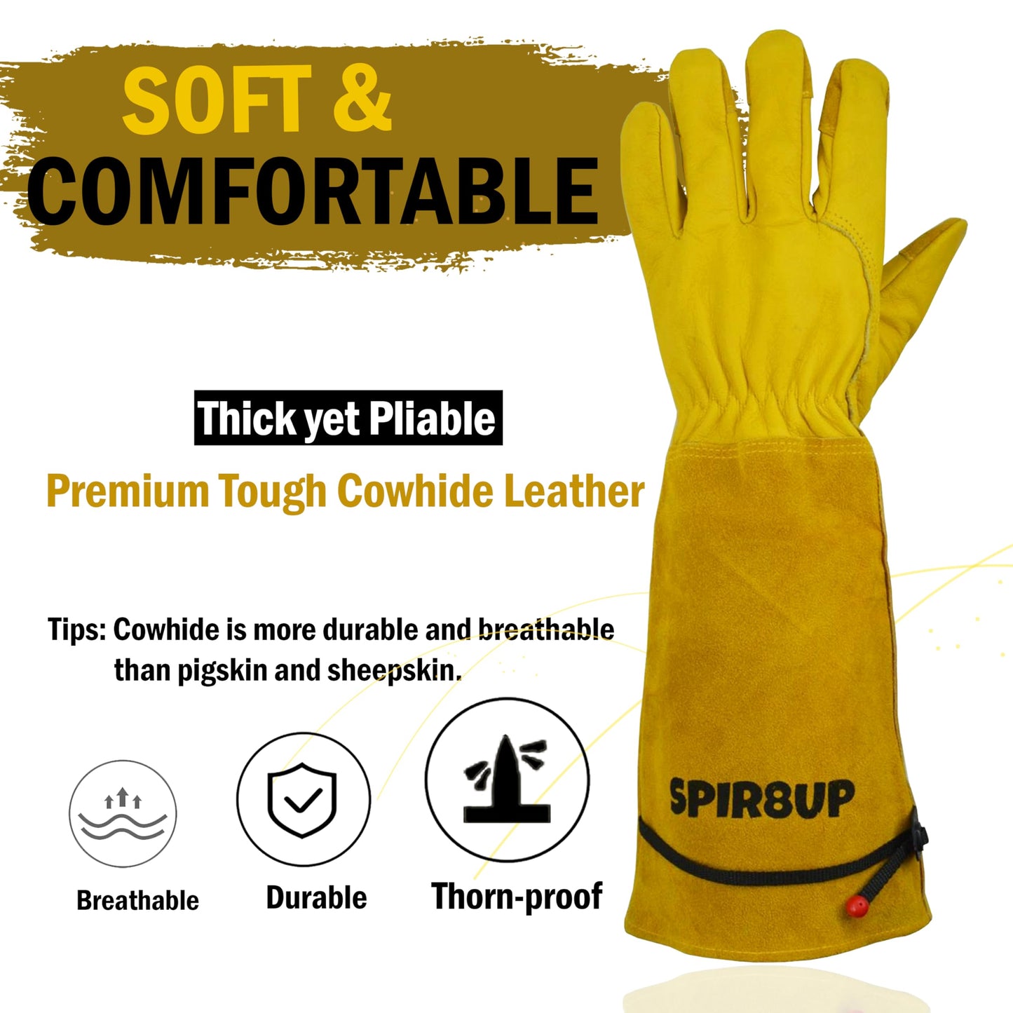 SPIR8UP Cowhide Rose Pruning Gloves, Thorn Proof Long Gardening Gloves for Women & Men, Durable Gauntlet for Cactus Handling (Yellow, Large)
