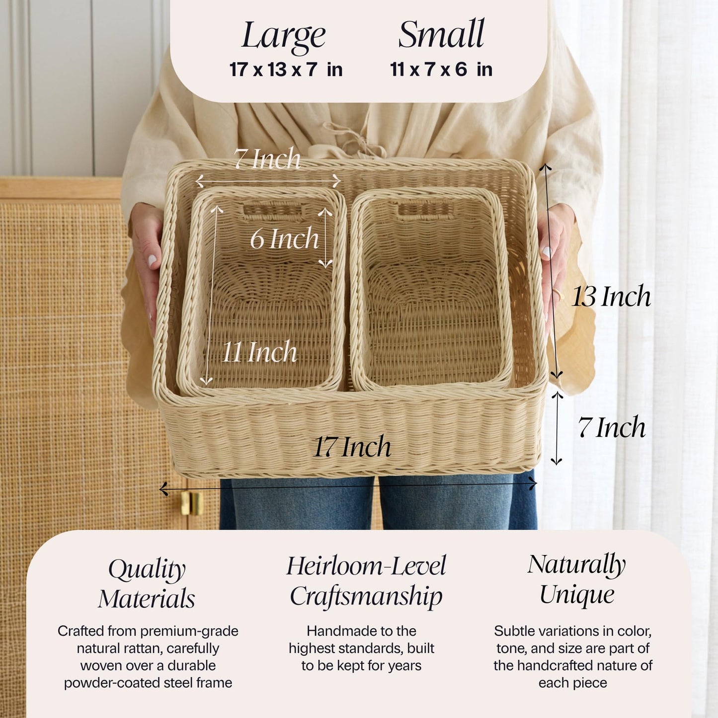 BEBE BASK Handwoven Rattan Wicker Basket Set of 3 (17 × 13 × 7 in) – Wicker Baskets For Organizing, Woven Basket, Wicker Storage Baskets For Shelves, Home, Nursery & Toy Storage