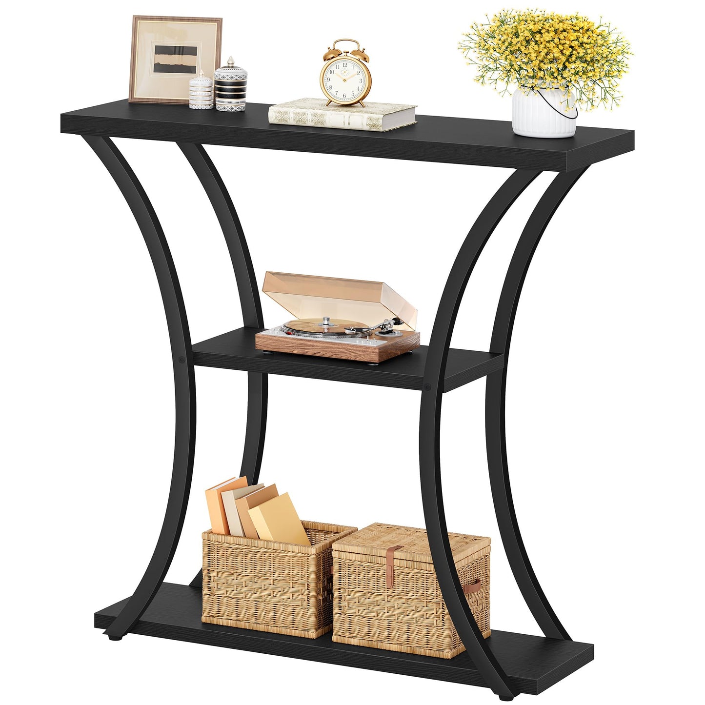 Hoctieon 3 Tier Console Table with Open Wood Shelves, Decorative Entryway Table with Curved Metal Frames, Narrow Sofa Table for Entrance, Living Room, Hallway, Black