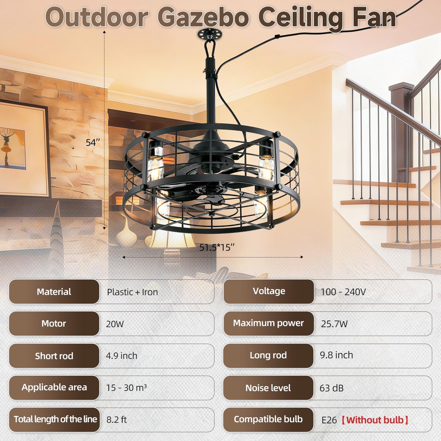 AHAWILL 20" Gazebo Fan, Outdoor Hanging Fan with Llight,6-Speed and Reversible,Plug in Ceiling Fan with Remote&APP,Cage Ceiling Fan with Light for Farmhouse,Gazebo,Patio,Warehouse