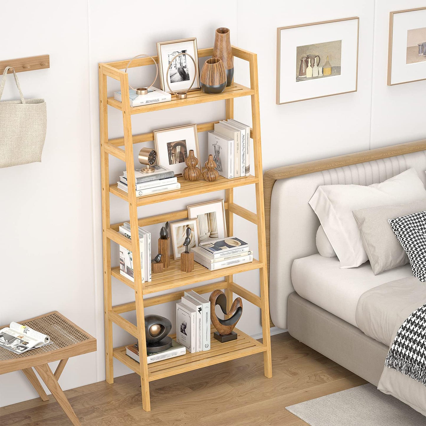 Homykic Ladder Shelf, 4-Tier Bamboo Ladder Bookshelf Small Bookcase, 49” Tall Open Display Shelves Wood Plant Stand Storage Rack for Living Room, Bathroom, Bedroom, Home Office