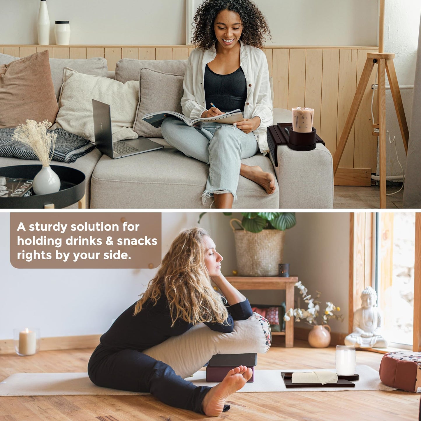 Couch Cup Holder for Armrests Over 4.9" Wide, Bamboo Couch Arm Tray with 360° Rotating Phone Stand, 3 in 1 Foldable Sofa Arm Tray Table for Remote, Snacks, Phone, Drinks Walnut