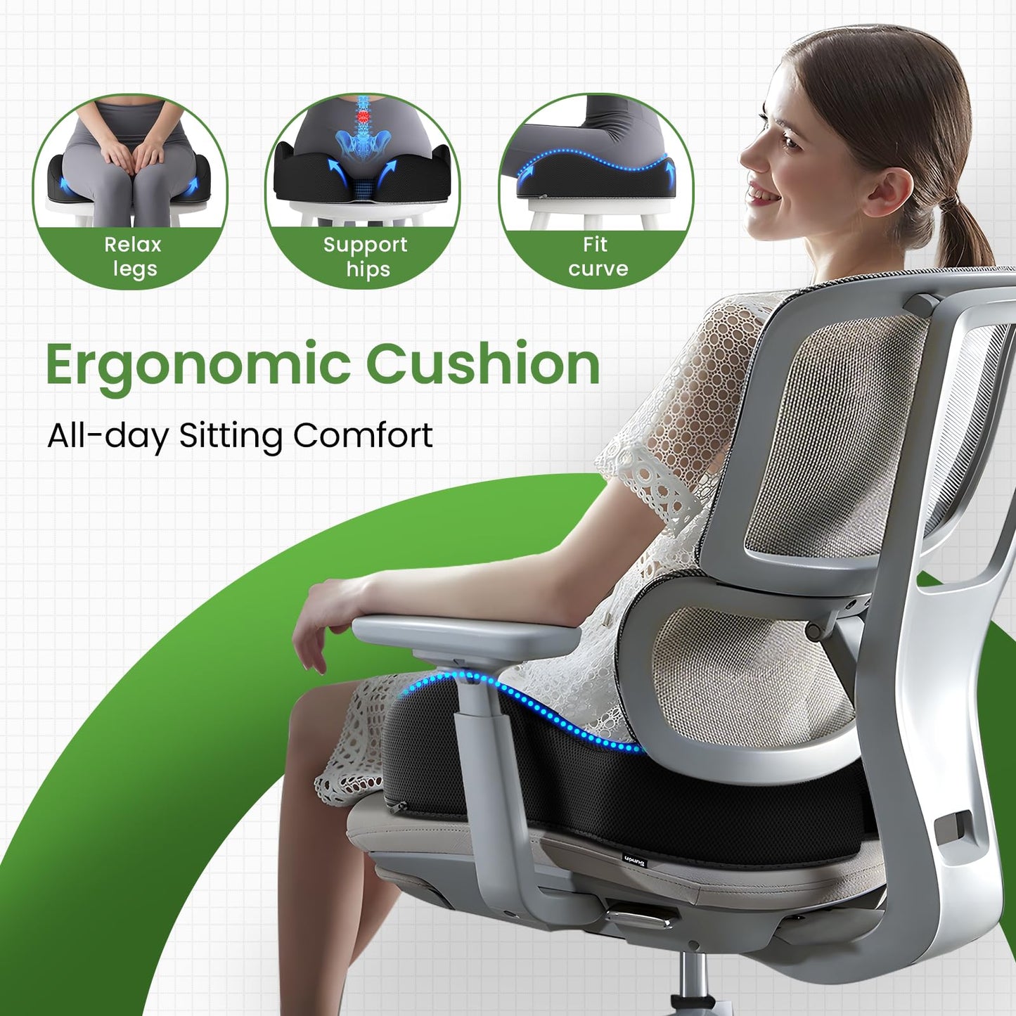 A-Pce Seat Cushion-Large Memory Foam Cushion for Office Chair-Sciatica & Lower Back & Coccyx Pain Relief-Coccyx Cushion for Car&Long Sitting at Work,Black