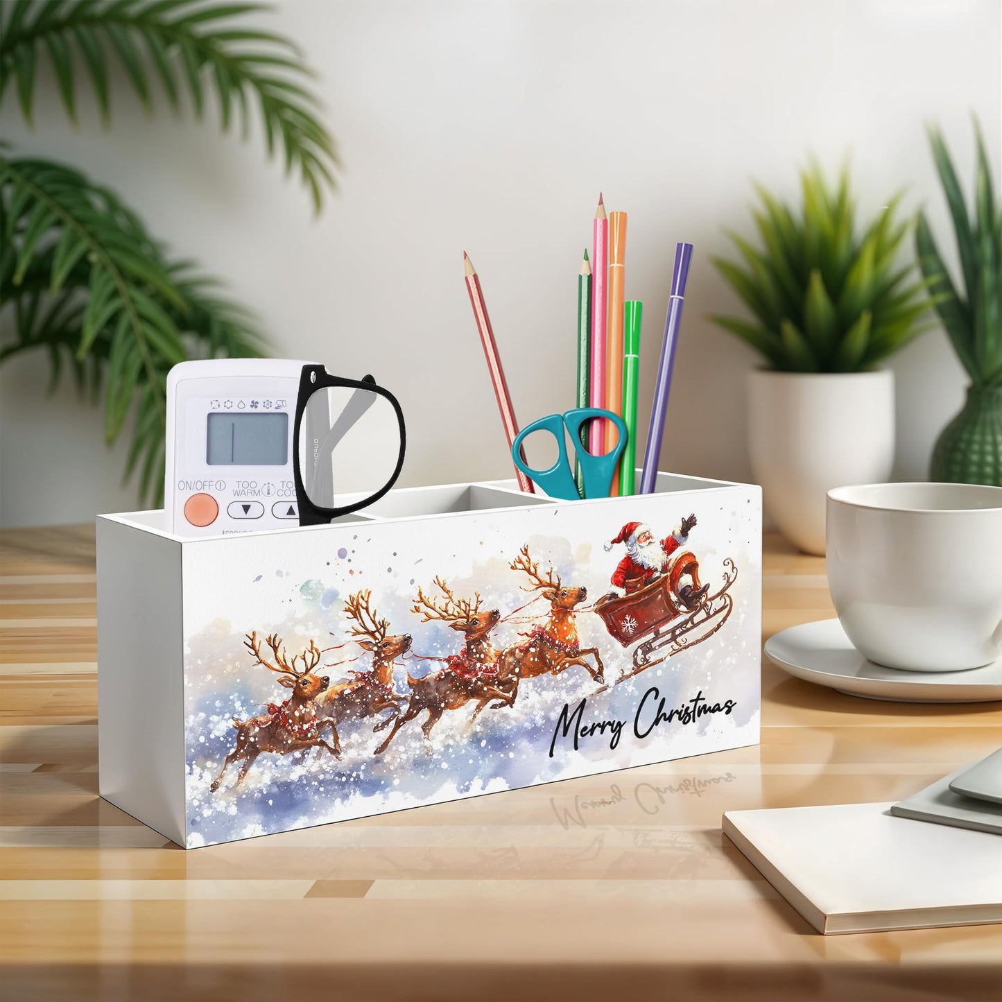Exqcom Winter Christmas Santa Pen Pencil Holder for Desk, Christmas Office Decor, Snowy Xmas Santa Claus and Reindeer Wooden Box Block Sign for Home Office Desk Tabletop Decoration