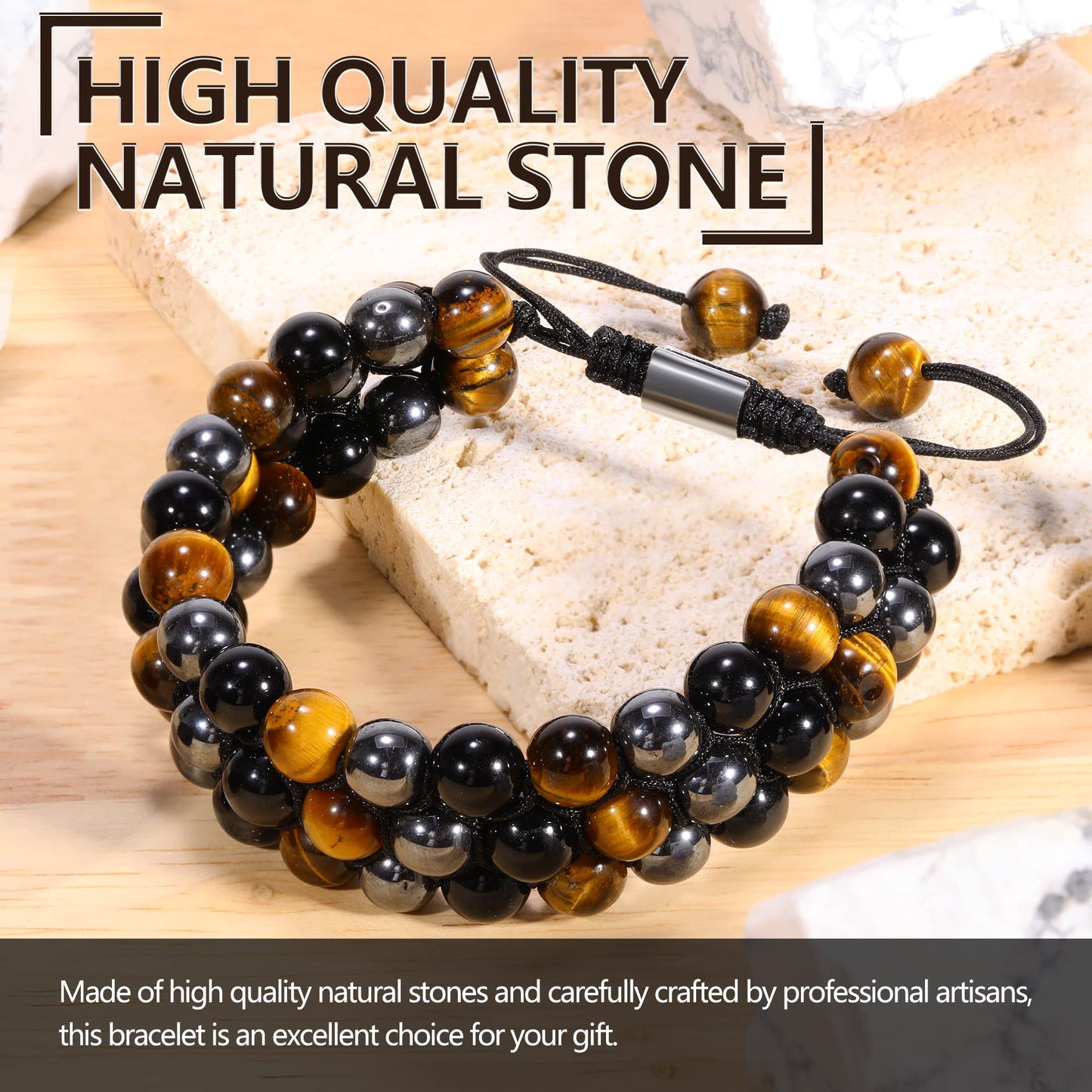 Ckkllws Triple Protection Bracelet, Genuine Tigers Eye Black Obsidian and Hematite 8mm Beads Bracelet for Men Women, Crystal Jewelry Stone Bracelets Gifts for Men Bring Luck Prosperity