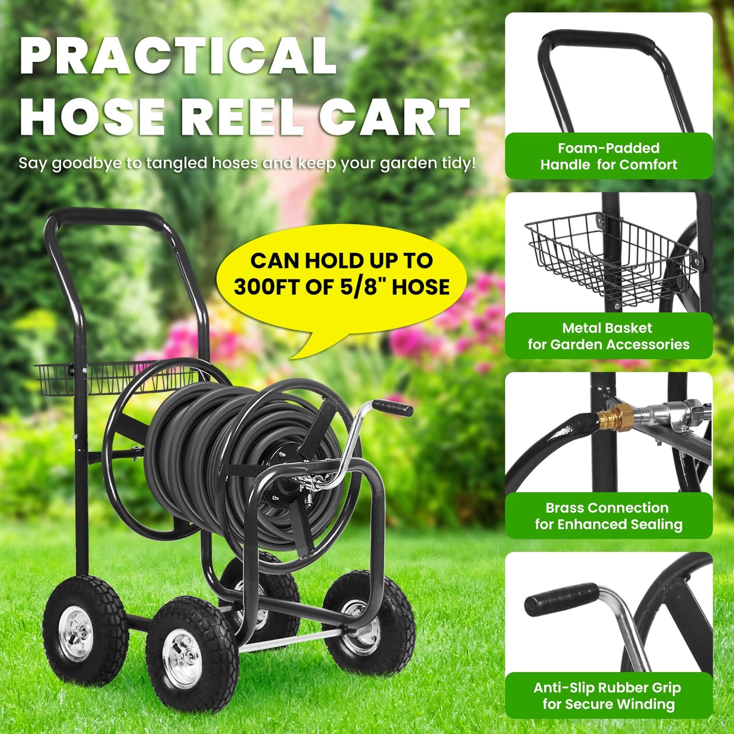 Pazidom Hose Reel Cart, Hold Up to 300 ft of 5/8’’ Hose, Heavy Duty Garden Water Cart with 4 Wheels, Powder-coated Steel Outdoor Planting with Storage Basket for Garden, Lawn, Yard, Black