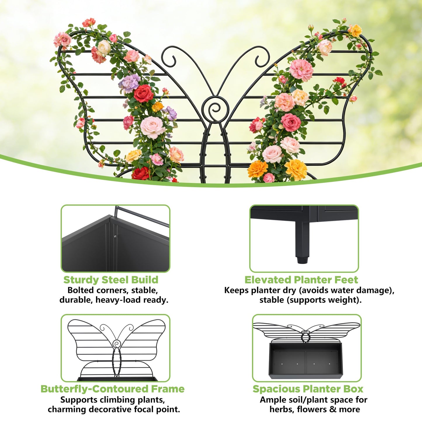 Zyphorinth Metal Planter Box with Trellis, Raised Garden Bed for Climbing Plants, Vegetables, Vines, Privacy Planters for Patio with Drainage Holes, Black- Butterfly-Shaped