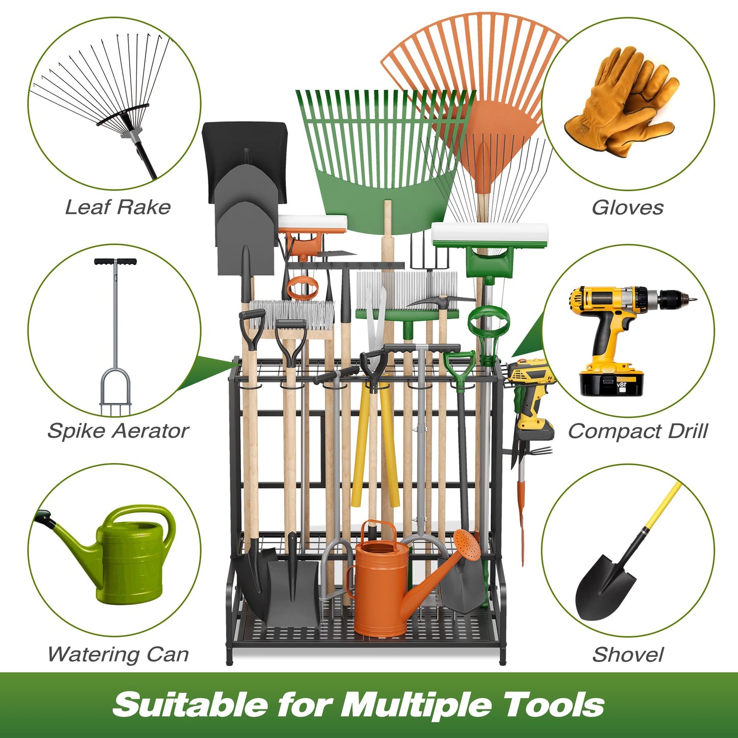 Sttoraboks Garden Tool Organizer Rack Up to 39 Tools, Heavy-Duty Steel Yard Tool Organizer for Garage Storage with 12 Hooks, Broom Holder & Garden Tool Rack for Shed, Patio, Outdoor Storage, Black