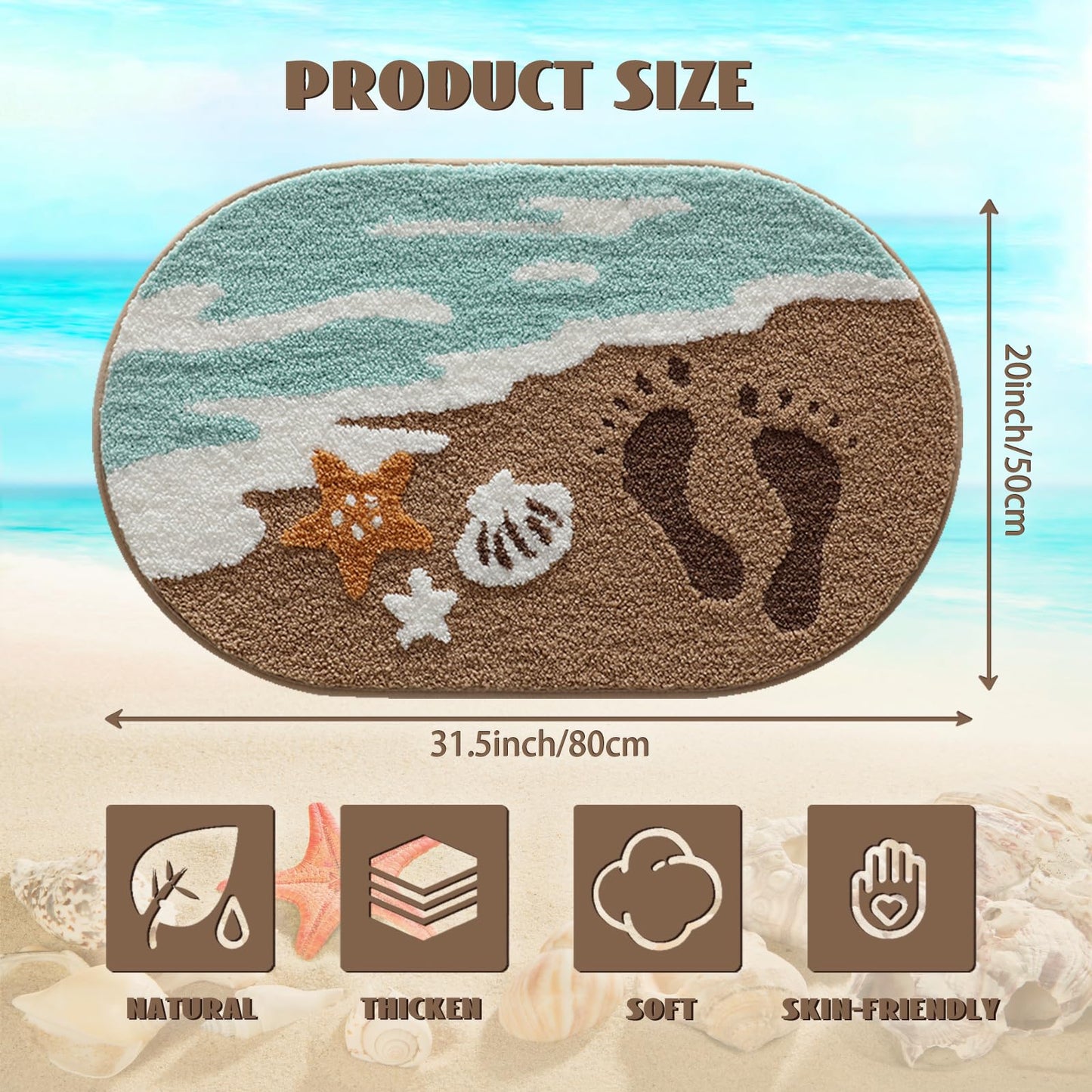 Beach-Themed Ultra-Plush Bath Mat, Wave Sand Shells Bathroom Rugs with Non-Slip Backing, Absorbent Microfiber Starfish Bath Rug, Machine Washable Coastal Bath Mats for Home Decor 20x32In (Sand Beige)