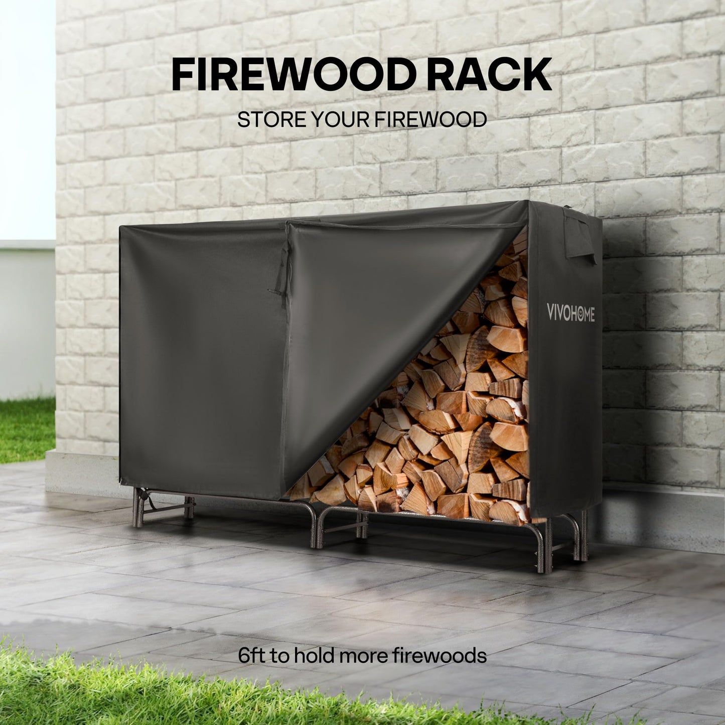 VIVOHOME 6ft Heavy Duty Indoor Outdoor Firewood Storage Log Rack with Cover Combo Set Black