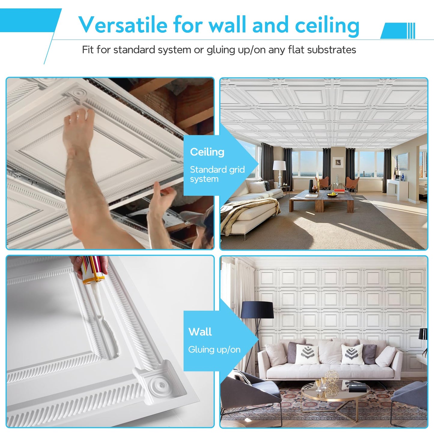 LEVOWAY 12-Pack PVC Drop Ceiling Tiles, 24 x 24in White 2'x2' Glue Up Ceiling Panel Cover 48 Sq.Ft