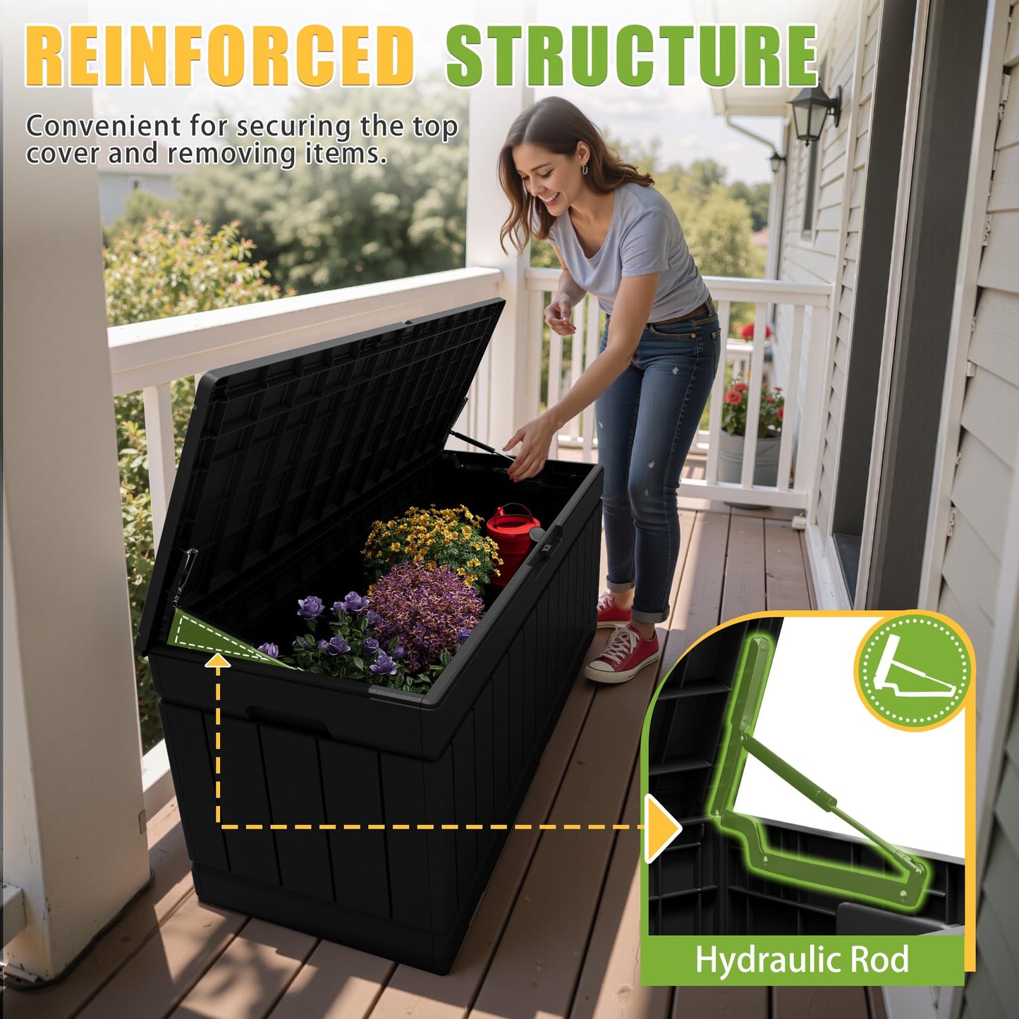 Greesum Outdoor Storage Box 82 Gallon Storage Bin with Lid for Patio Furniture, Garden Tools, Pool Supplies, Waterproof and UV Resistant, Lockable, Black
