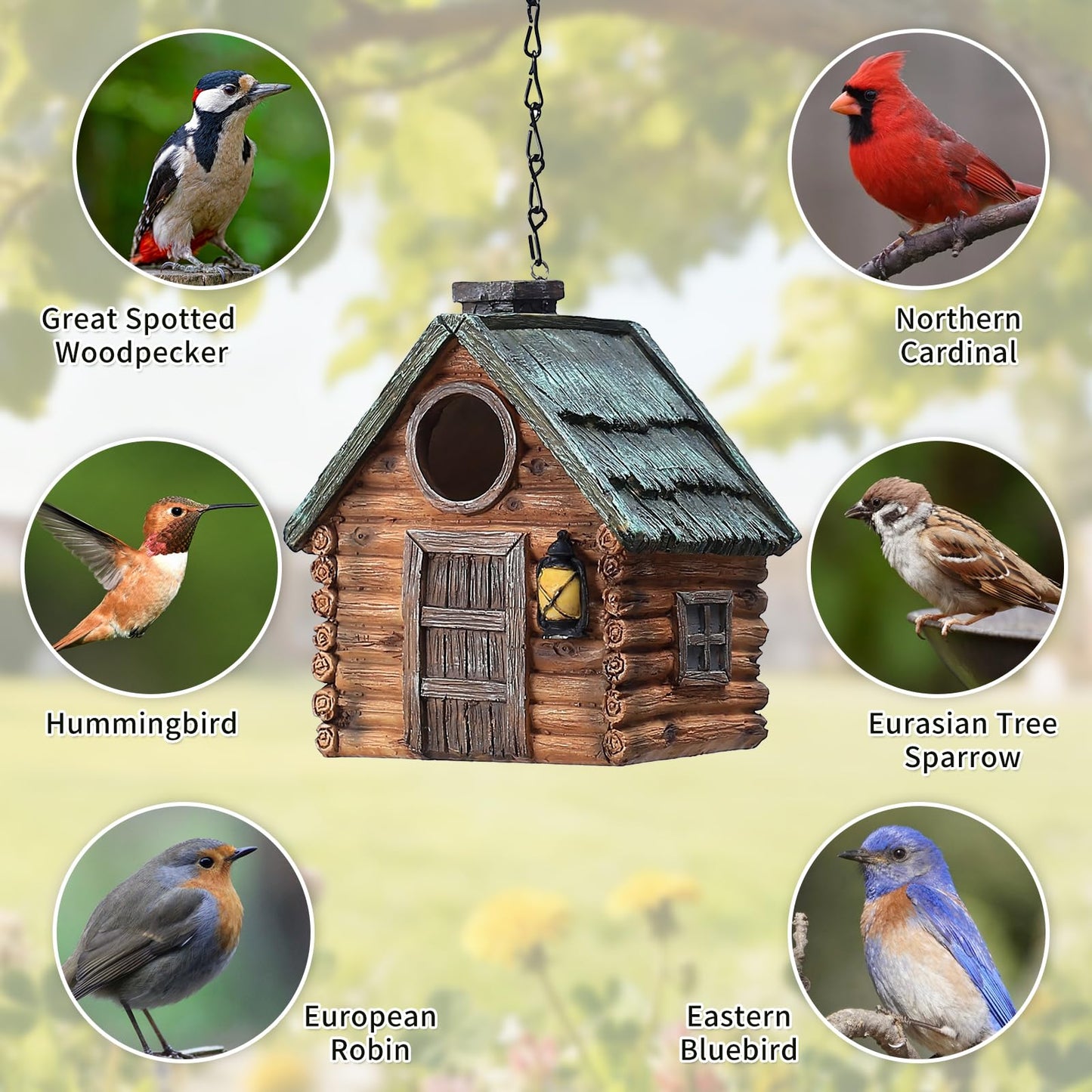 Bird Houses for Outside Real Wood-Look Resin Bird House with Hanging Chain – Waterproof & Durable Forest Birdhouses for Outdoors for Bluebird Finches Cardinals Bird Nesting Garden, Patio, Yard