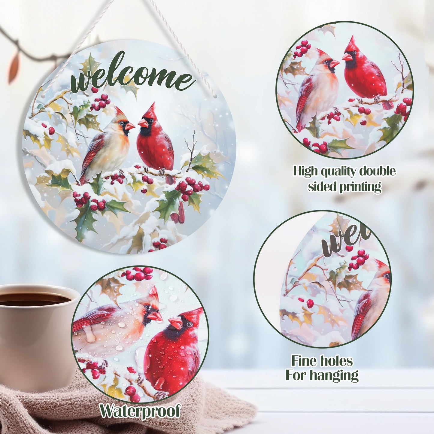 1 Pcs Winter Welcome Cardinal Bird Front Door Sign, Christmas Cardinal Bird Round Hanging Sign, Twig Berry Snow Outdoor Porch Home Wall Patio Garden Farmhouse Holiday Decor, 11 x 11 inches