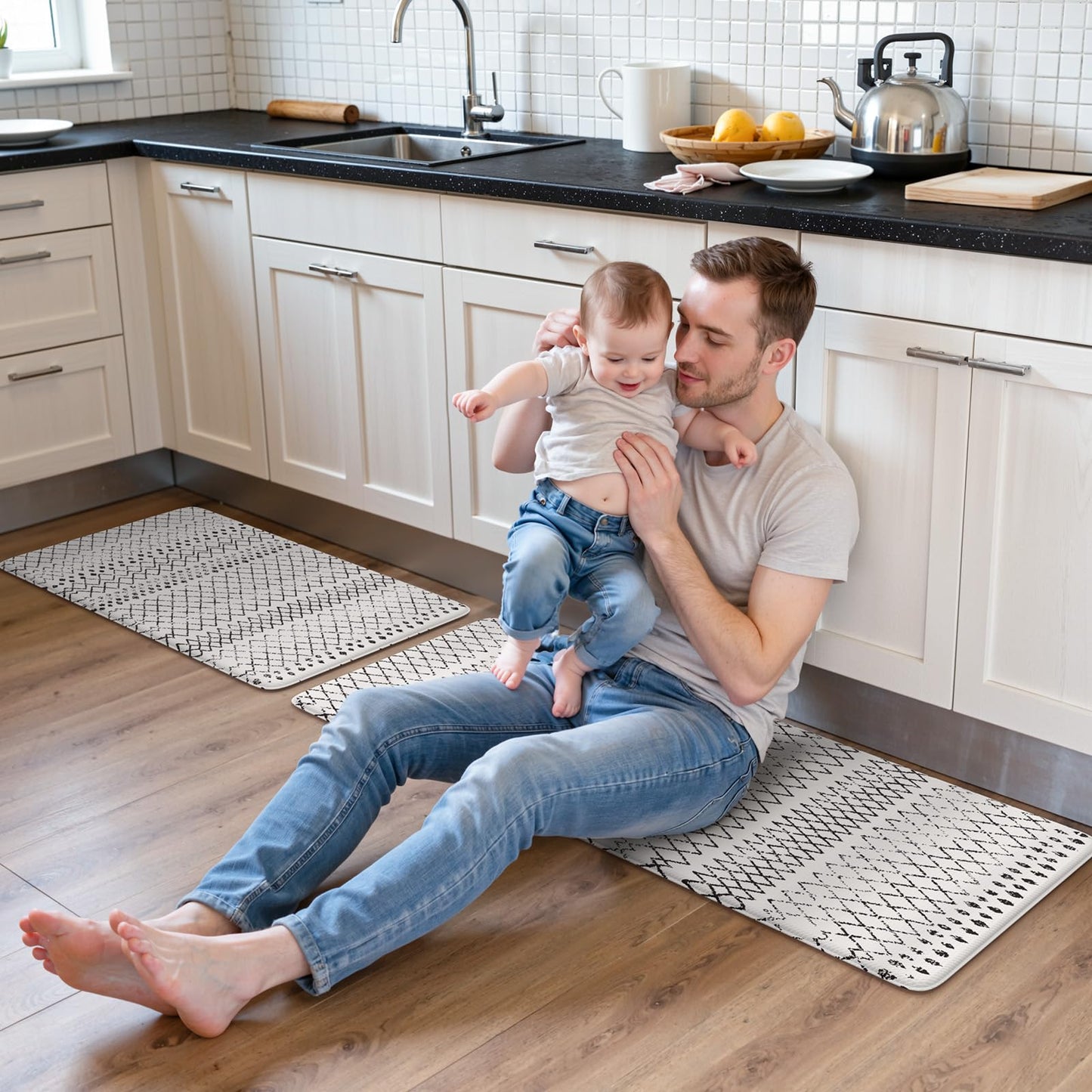 KIMODE Kitchen Mats 2PCS,Cushioned Anti Fatigue Kitchen Rugs and Mats,Non Skid Waterproof Kitchen Mats for Floor,Comfort Foam Standing Mat for Home Decor, Office,Sink,Laundry Room,Desk,Black and White