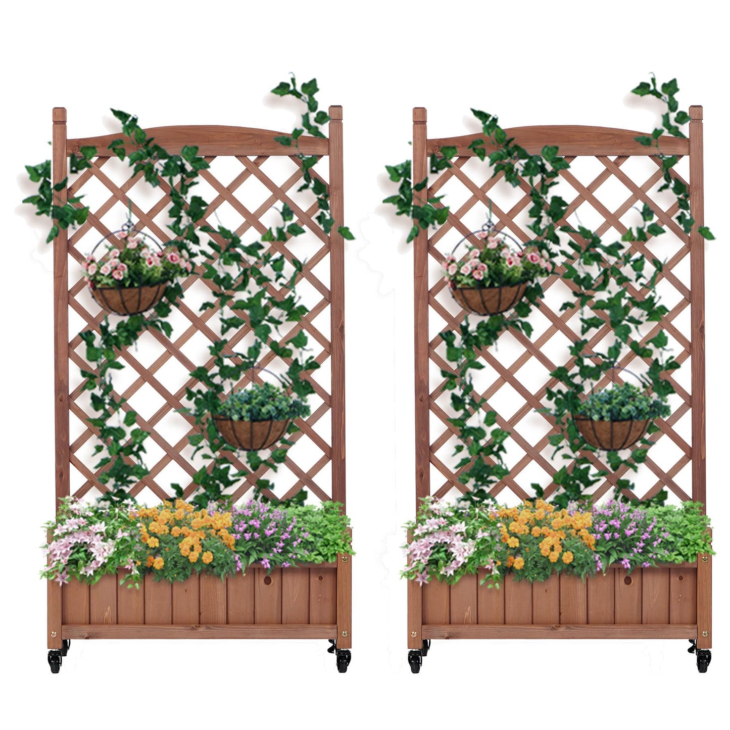 Metal Planter Box with Trellis, 73-Inch Tall Raised Garden Bed with Wheels, Privacy Screen Planter for Climbing Plants, Vegetables & Vines, Galvanized Steel Outdoor Privacy Shield, Black (Wood 2-pack)