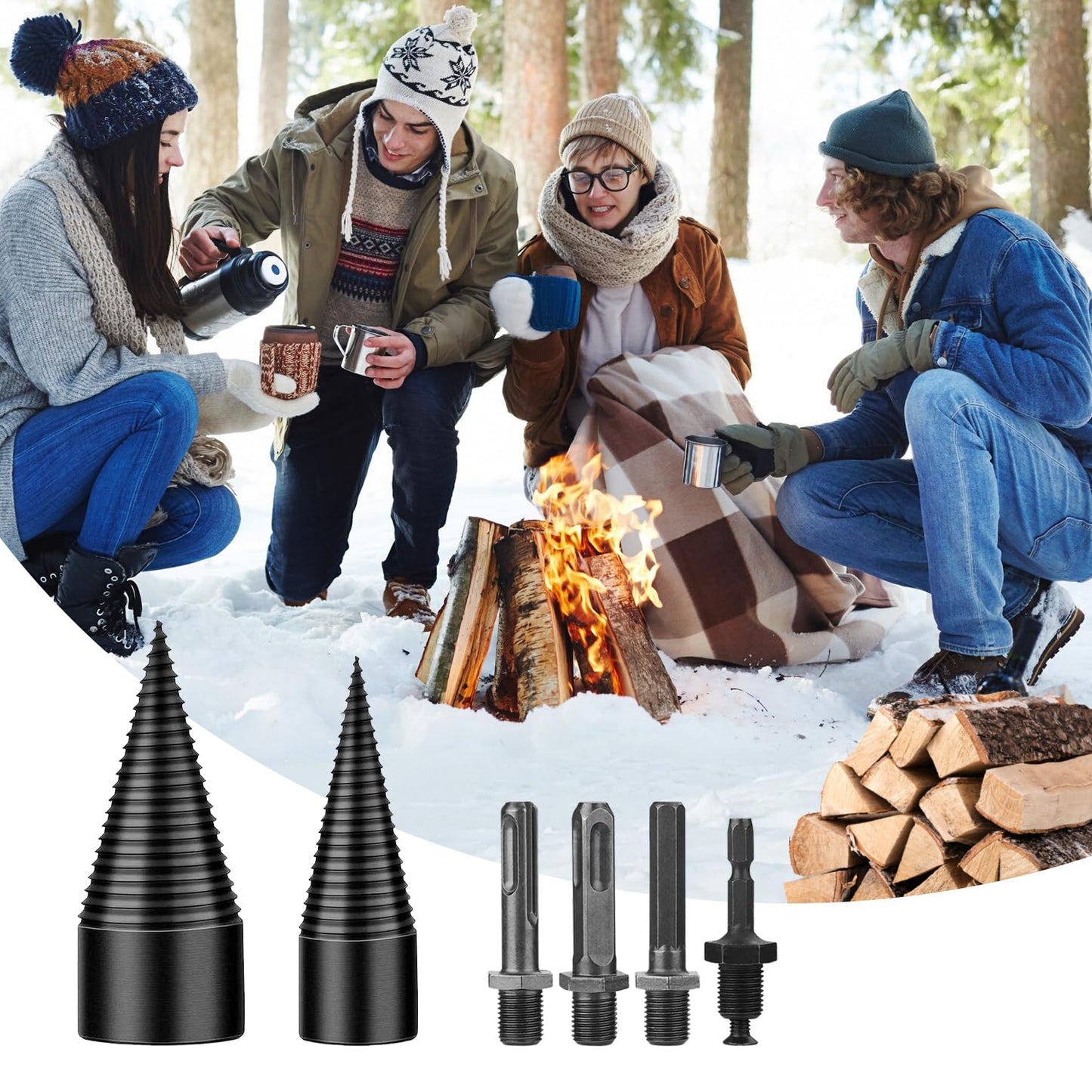 45+32mm Firewood Log Splitter, Fired Wood Kindling Splitter Set Detachable Design, Heavy Duty Electric Drills Screw Cone Driver Removable, Wood Splitting Wedge Tools 6Pcs