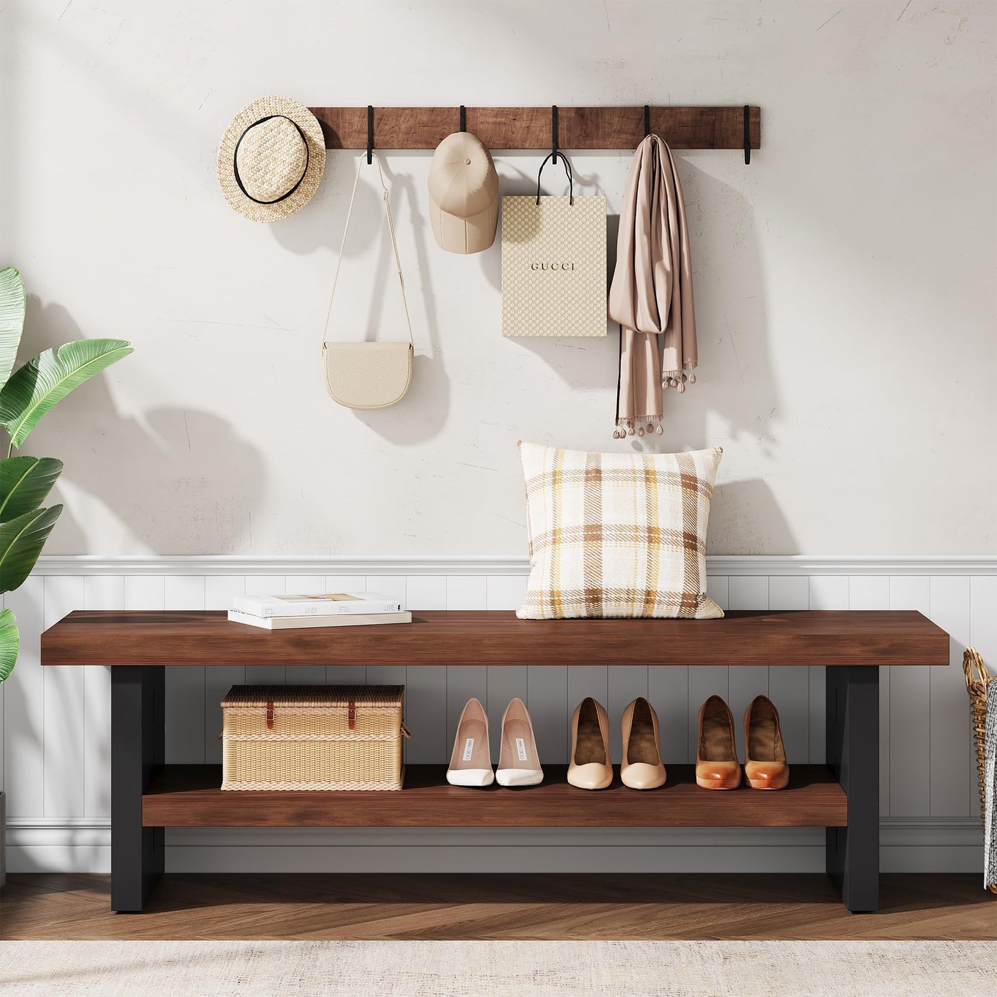 Condemo 47" Solid Wood Entryway Bench with Shoe Storage, 2-Tier Modern Farmhouse Hallway Bench with Open Shelf for Bedroom, Dining Room, Mudroom, Easy Assembly, Dark Walnut & Black