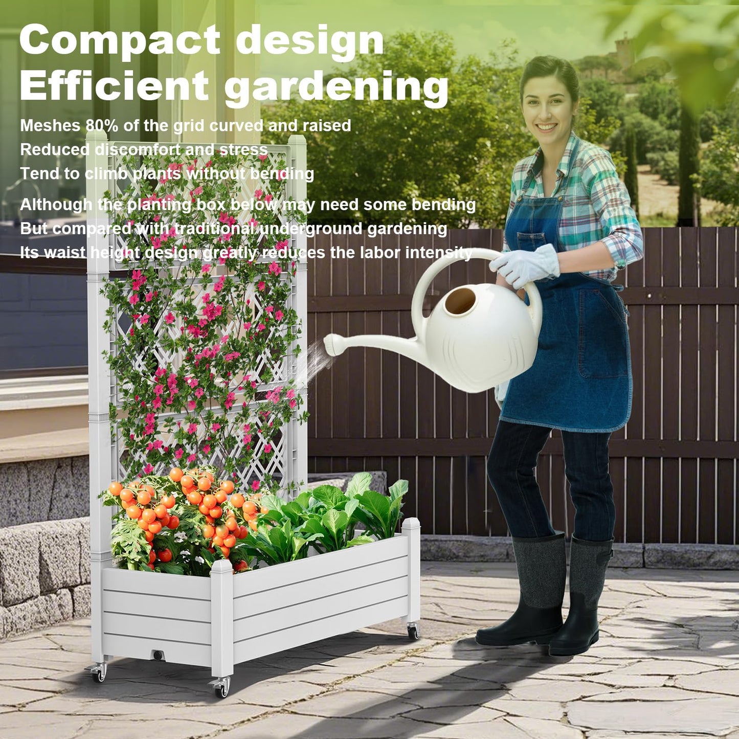 Vixzen 64" Tall Raised Garden Bed,Outdoor Large Resin Planter Box with Trellis and Drain Plug for Climbing Plants,Easy to Assemble,Water Monitor,Mobility(Ashen, 43.43"×18.27"×64.29")