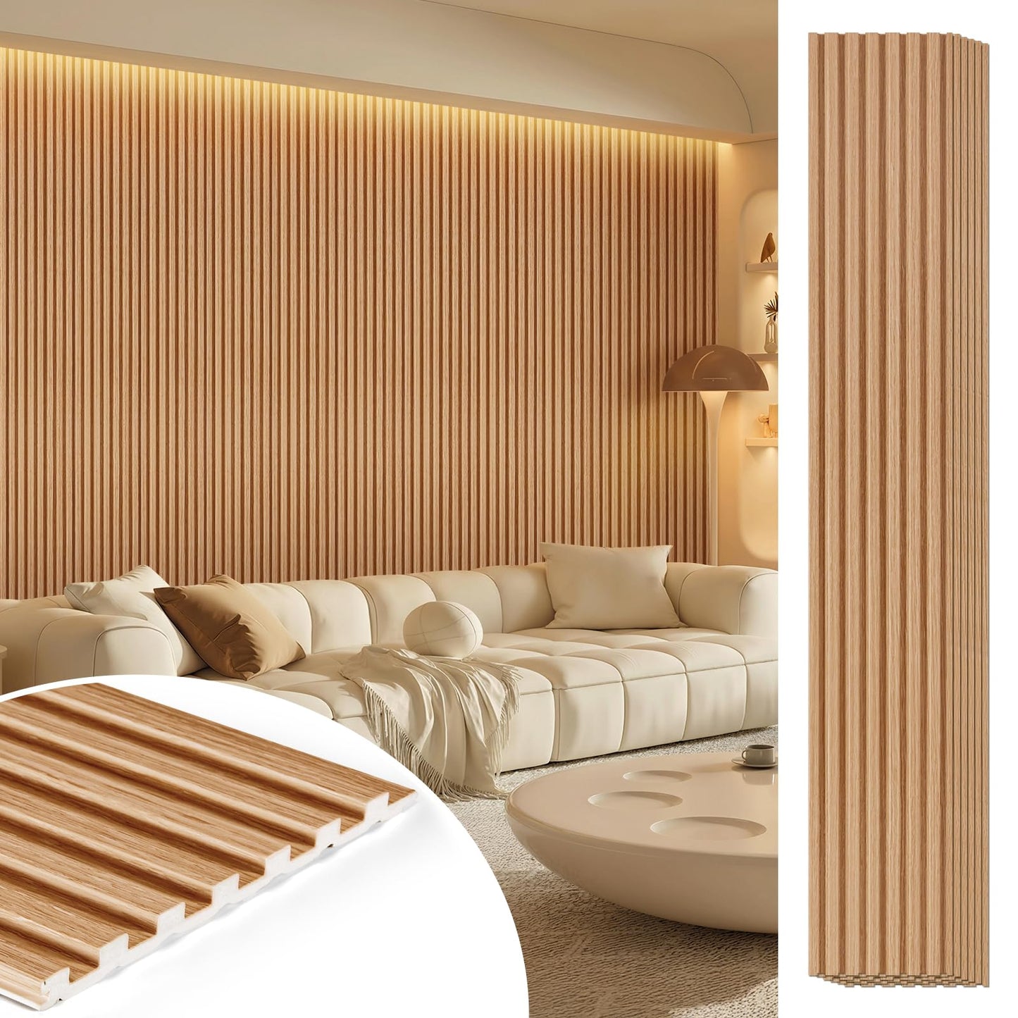 LARWORKS WPC Acoustic Slat Wall Panels 8-Pack 96'' x 6'', Accent 3D Wall Panel for Interior Wall Decor, Waterproof Fluted Textured Panel Wall Slats,Solid Elm (Cover Approx.32 sq.ft)