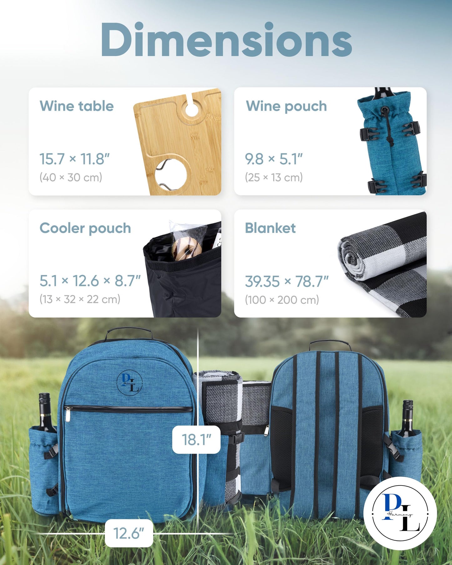 PL Harmony Picnic Backpack for 2 - All-in-One for Couples [with Picnic Blanket & Portable Wine Table] - Waterproof 32L - Insulated Picnic Set - Cooler Pouch & Wine Holder - Dating, Outdoor & Camping