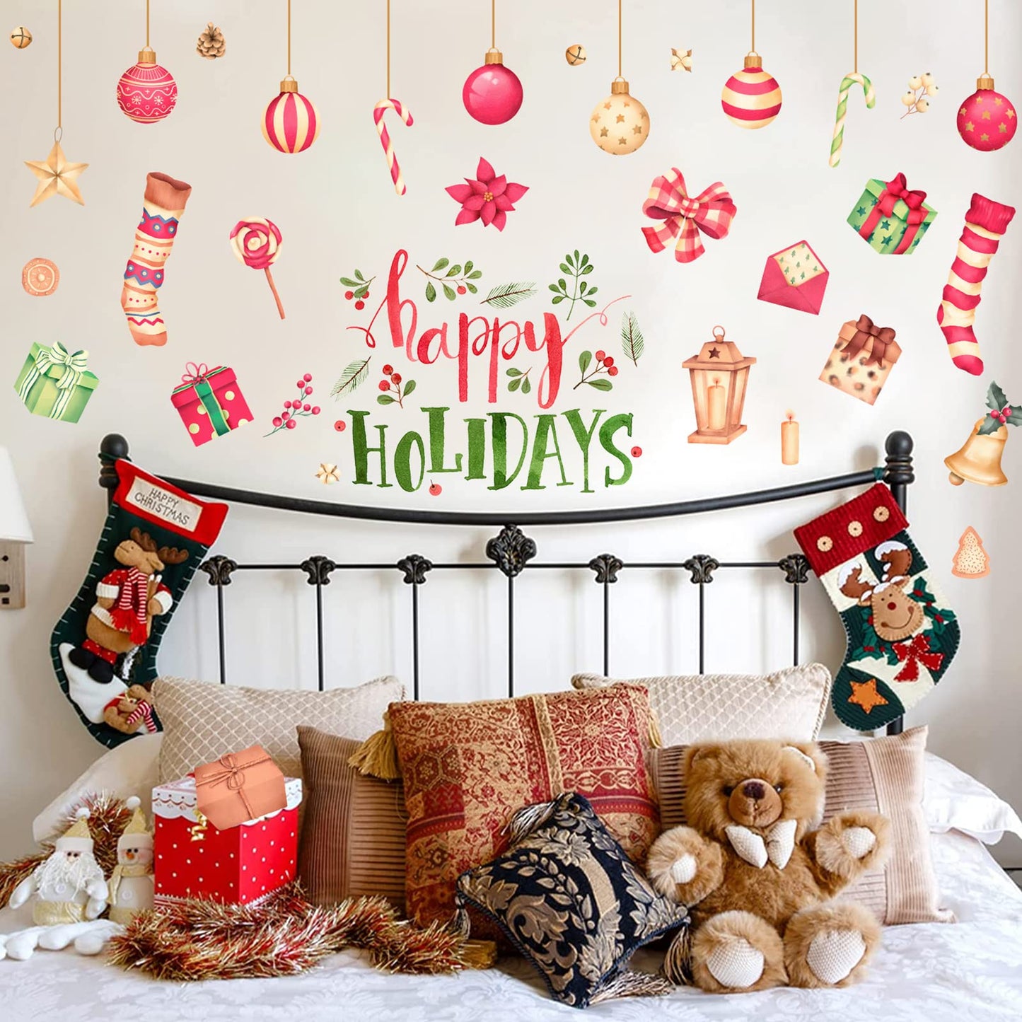 Happy Holiday Wall Stickers Christmas Window Stickers with Socks Candy Copper Bell Decals Removable Vinyl Wall Decals Window Xmas Self-Adhesive Holiday Home Decoration