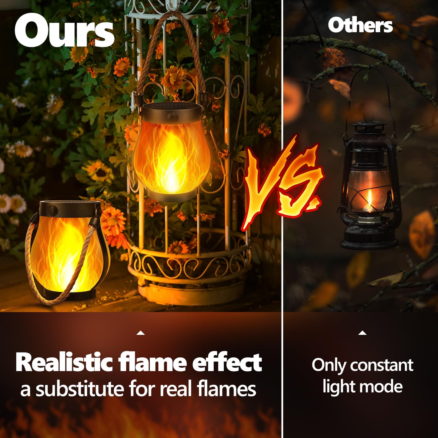 iBaycon 2 Pack Gen2 Solar Lanterns Lights, Ultra-Real Flame Garden Lights with Dual Charging USB & Solar, 2 Modes Outdoor Waterproof Hanging Lantern for Yard Home Brithday Gifts (Warm White)