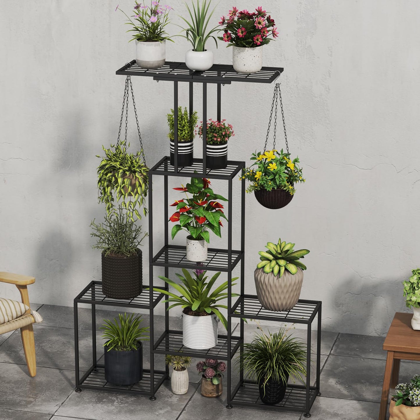 YUJCHMTZN Plant Stand Indoor Outdoor, Metal 6 Tier Tall Hanging Plant Shelf for Multiple Flower Planter Large Heavy Duty Ladder Plant Holder for Garden, Black (y-202)