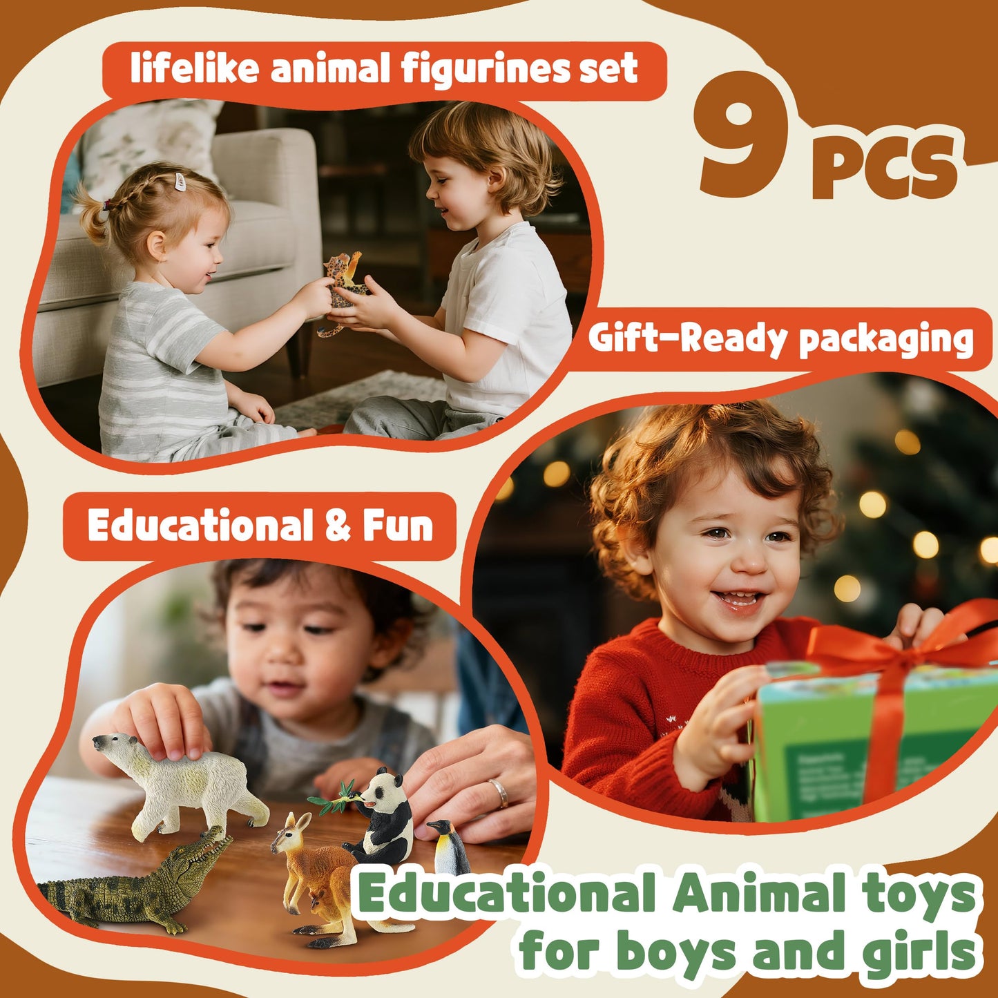 Zippytots 9 PCS Zoo Animal Toys for Kids 3-5 Realistic Plastic Wild Animal Figurine Toys Educational Learning Toy for Kids Boys Girls Toddlers