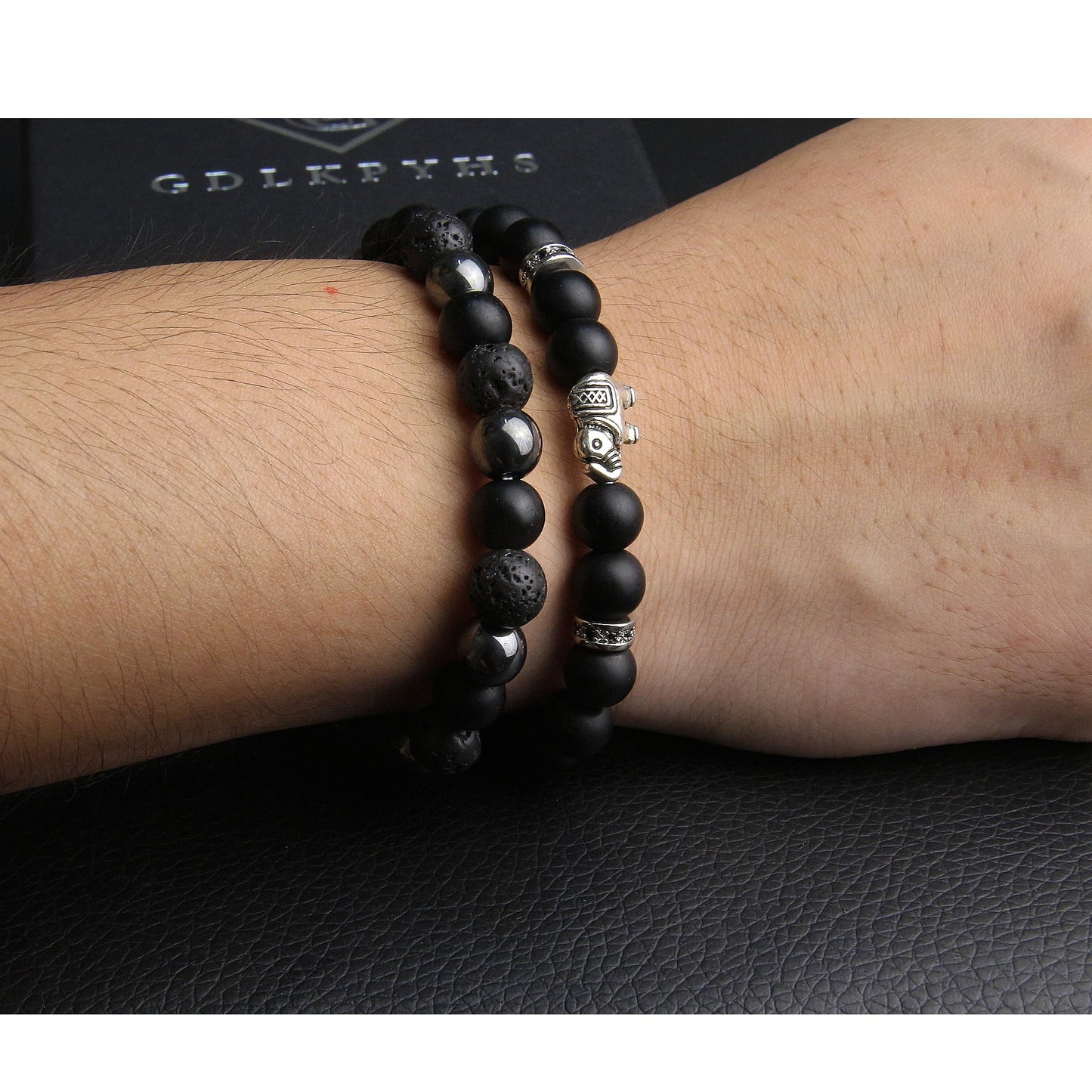 GDLKPYHS Black Obsidian Bracelets for Men - Elephant Bracelet - Tourmaline Beaded Bracelets, 8MM Black Onyx Hematite Lava Stone Beads Triple Protection Bracelet for Men Women Gifts